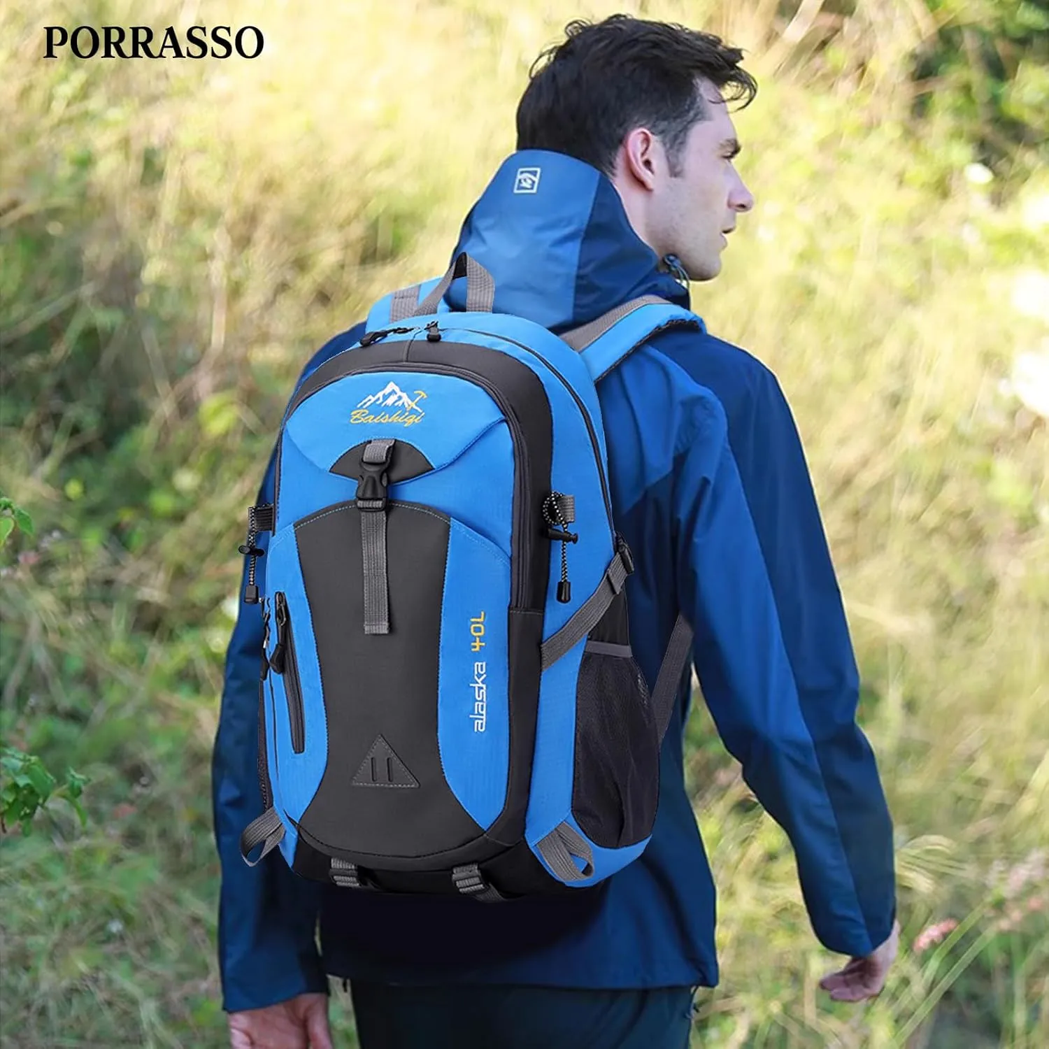 PORRASSO Hiking Backpack Waterproof Rucksack 40L Daypack with Earphone Hole Durable Backpack for Women Men Camping Climbing Travel Outdoor Sports Blue