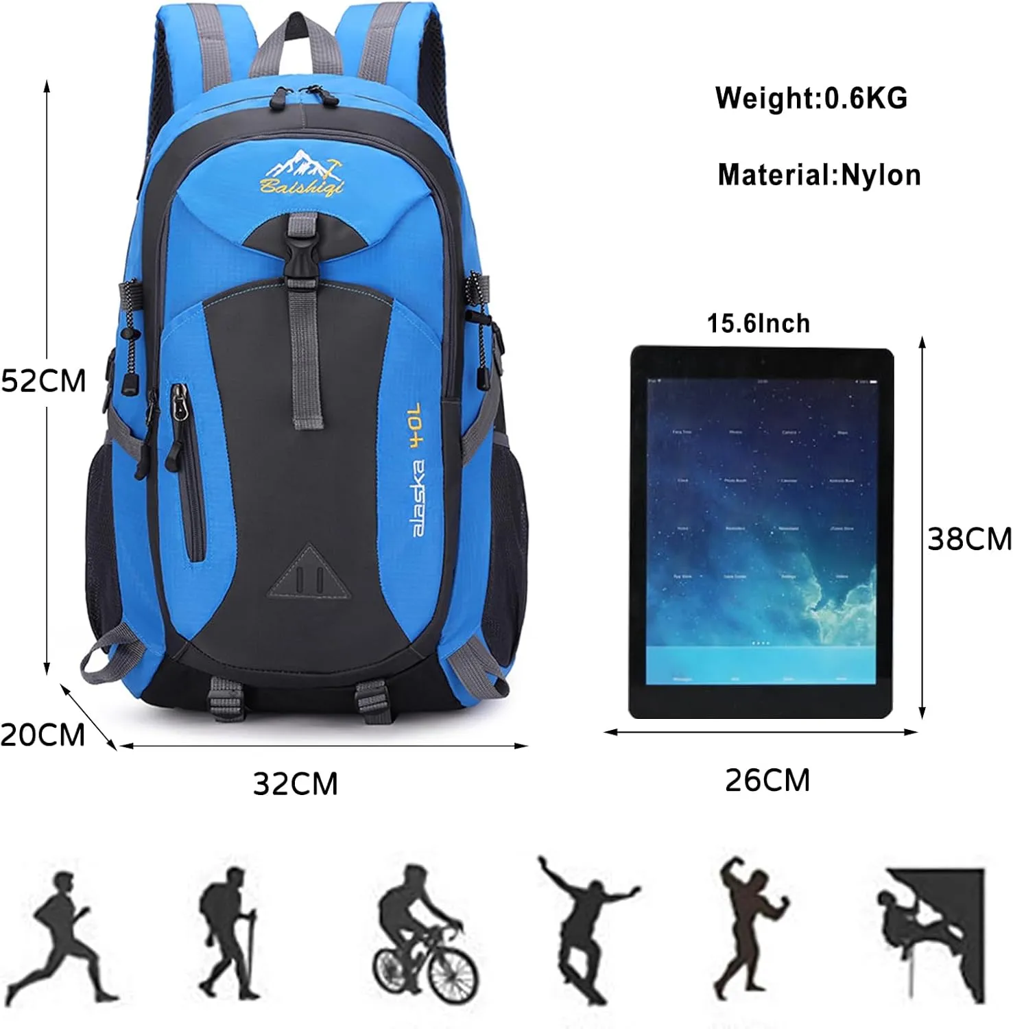 PORRASSO Hiking Backpack Waterproof Rucksack 40L Daypack with Earphone Hole Durable Backpack for Women Men Camping Climbing Travel Outdoor Sports Blue