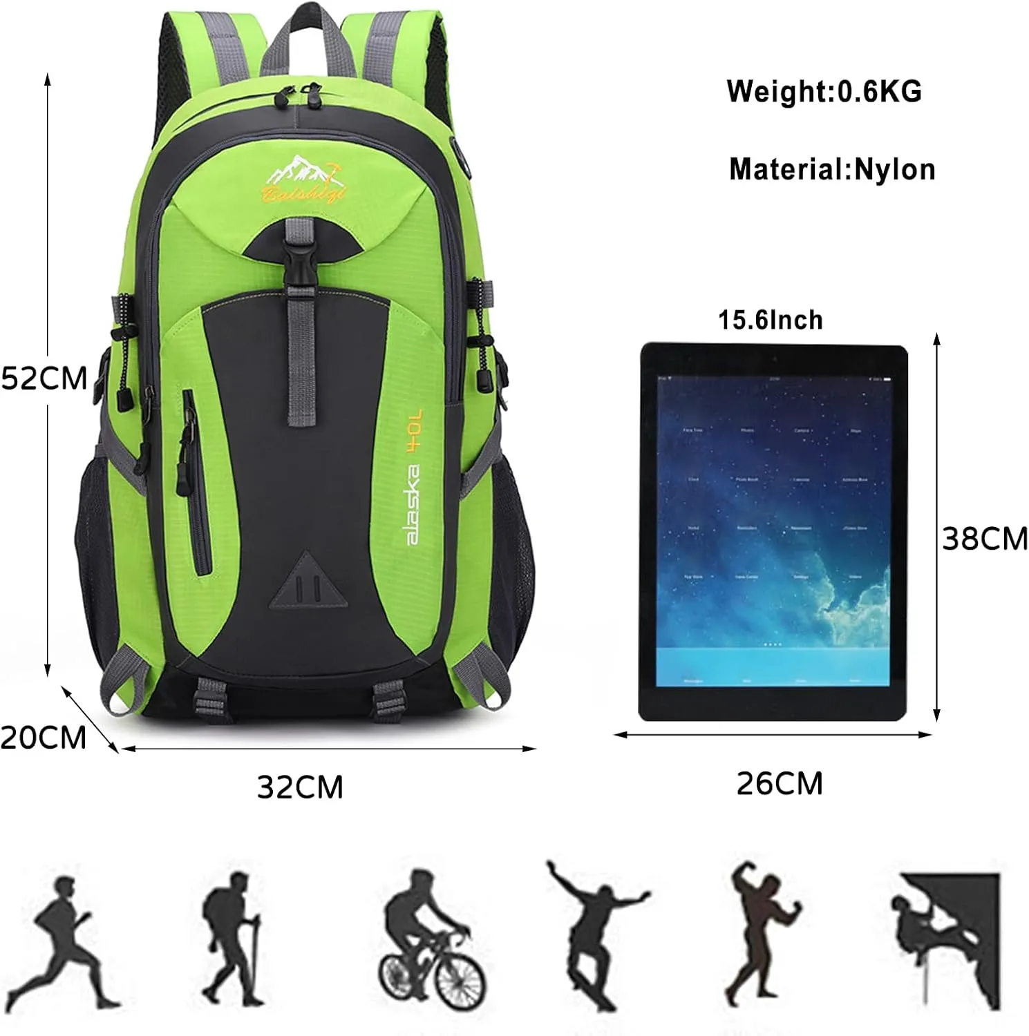 PORRASSO Hiking Backpack Waterproof Rucksack 40L Daypack with Earphone Hole Durable Backpack for Women Men Camping Climbing Travel Outdoor Sports Green