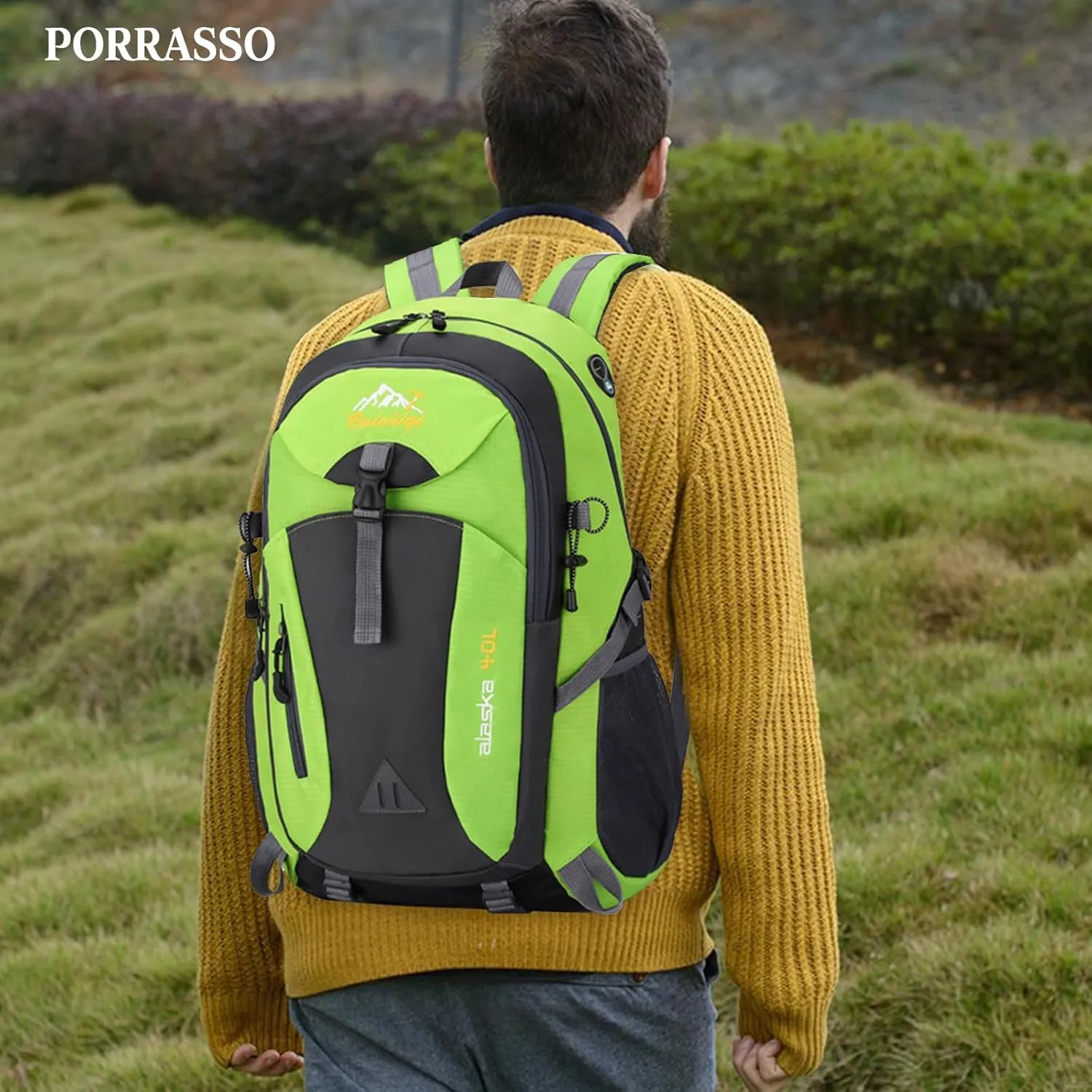 PORRASSO Hiking Backpack Waterproof Rucksack 40L Daypack with Earphone Hole Durable Backpack for Women Men Camping Climbing Travel Outdoor Sports Green
