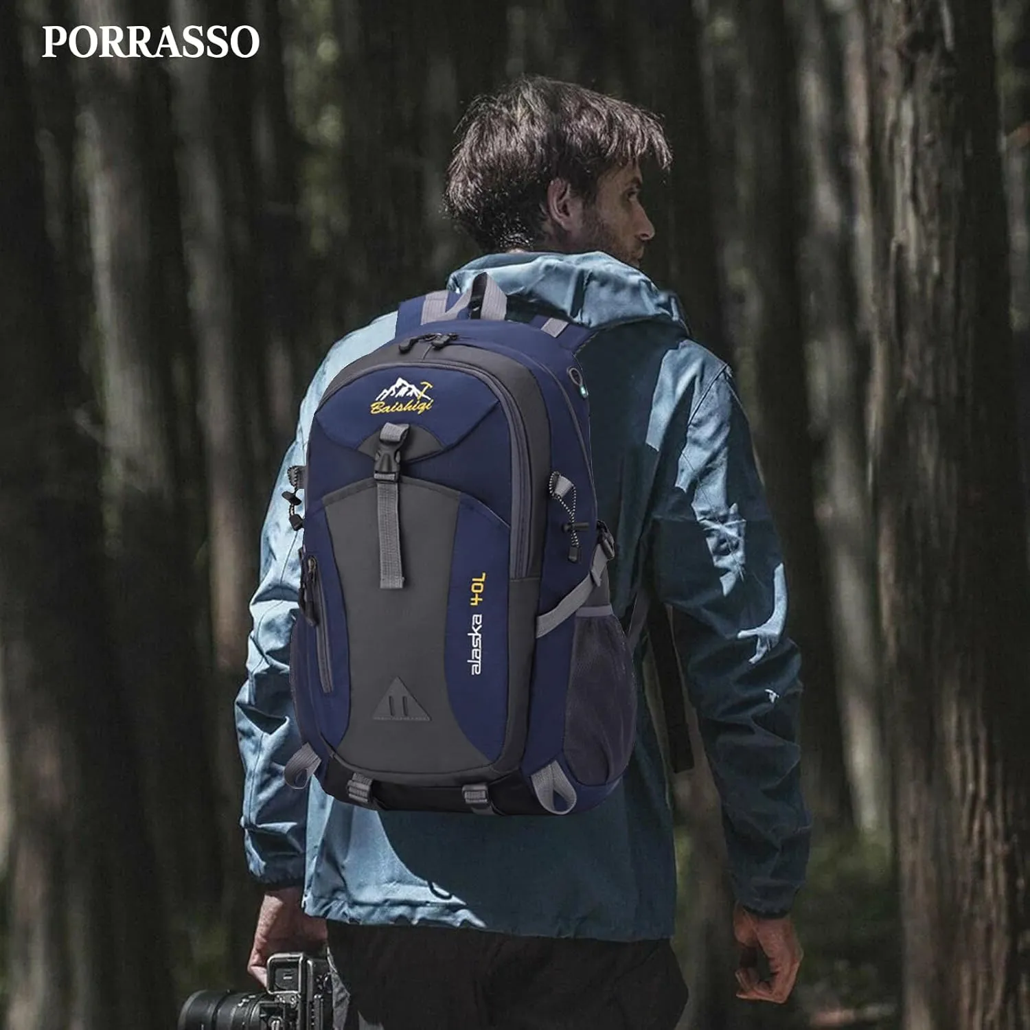 PORRASSO Hiking Backpack Waterproof Rucksack 40L Daypack with Earphone Hole Durable Backpack for Women Men Camping Climbing Travel Outdoor Sports Navy Blue