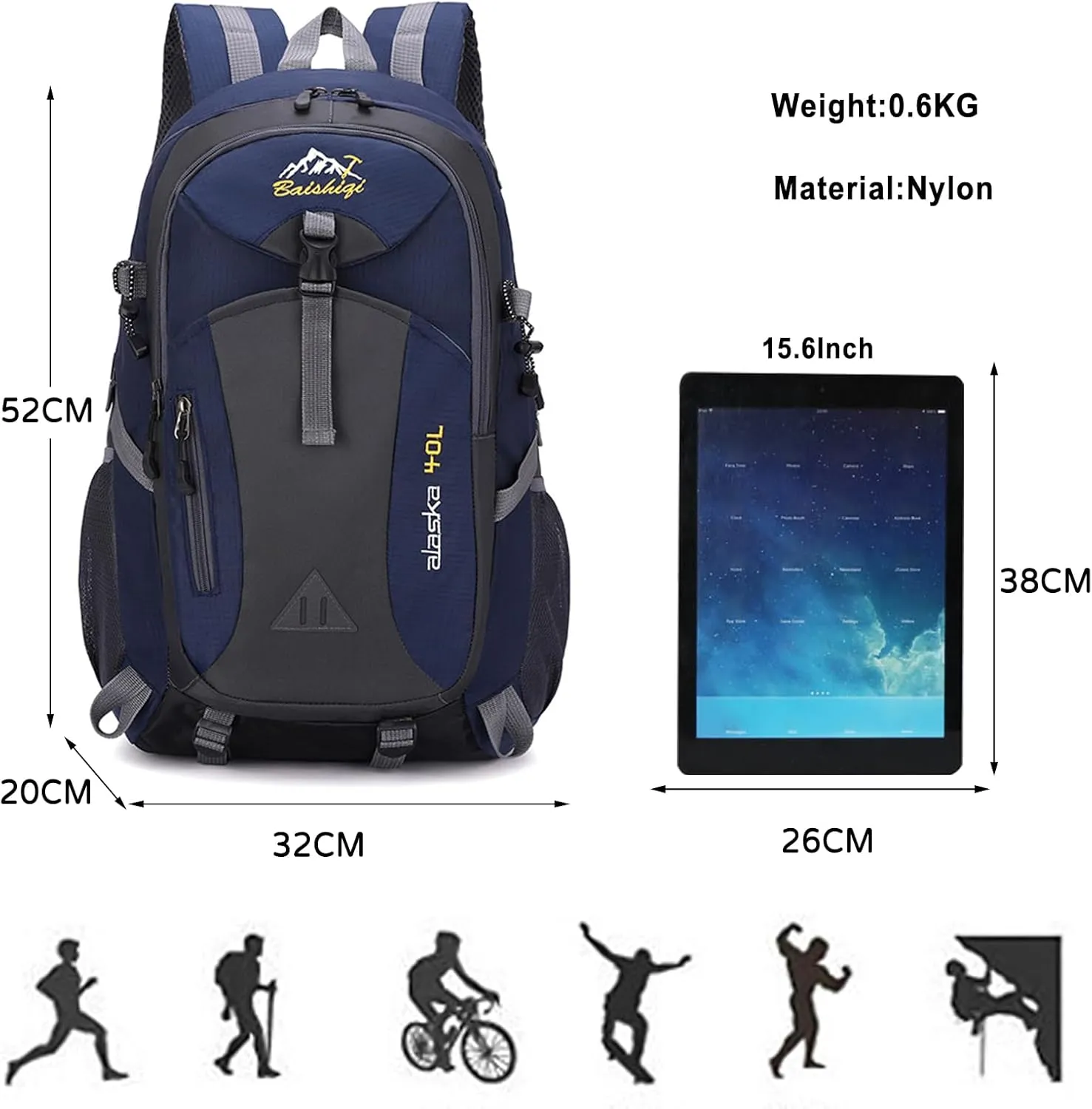 PORRASSO Hiking Backpack Waterproof Rucksack 40L Daypack with Earphone Hole Durable Backpack for Women Men Camping Climbing Travel Outdoor Sports Navy Blue