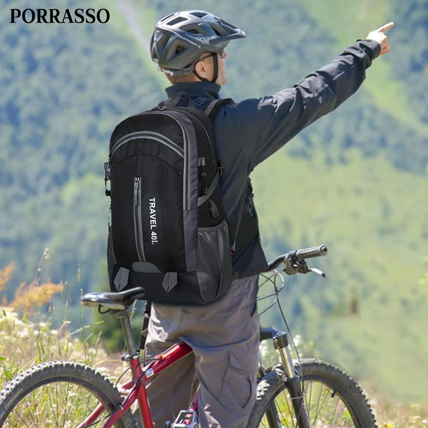 PORRASSO Hiking Backpack Waterproof Rucksack 40L Daypack with USB Charging Port Durable Backpack for Women Men Camping Climbing Travel Outdoor Sports Black