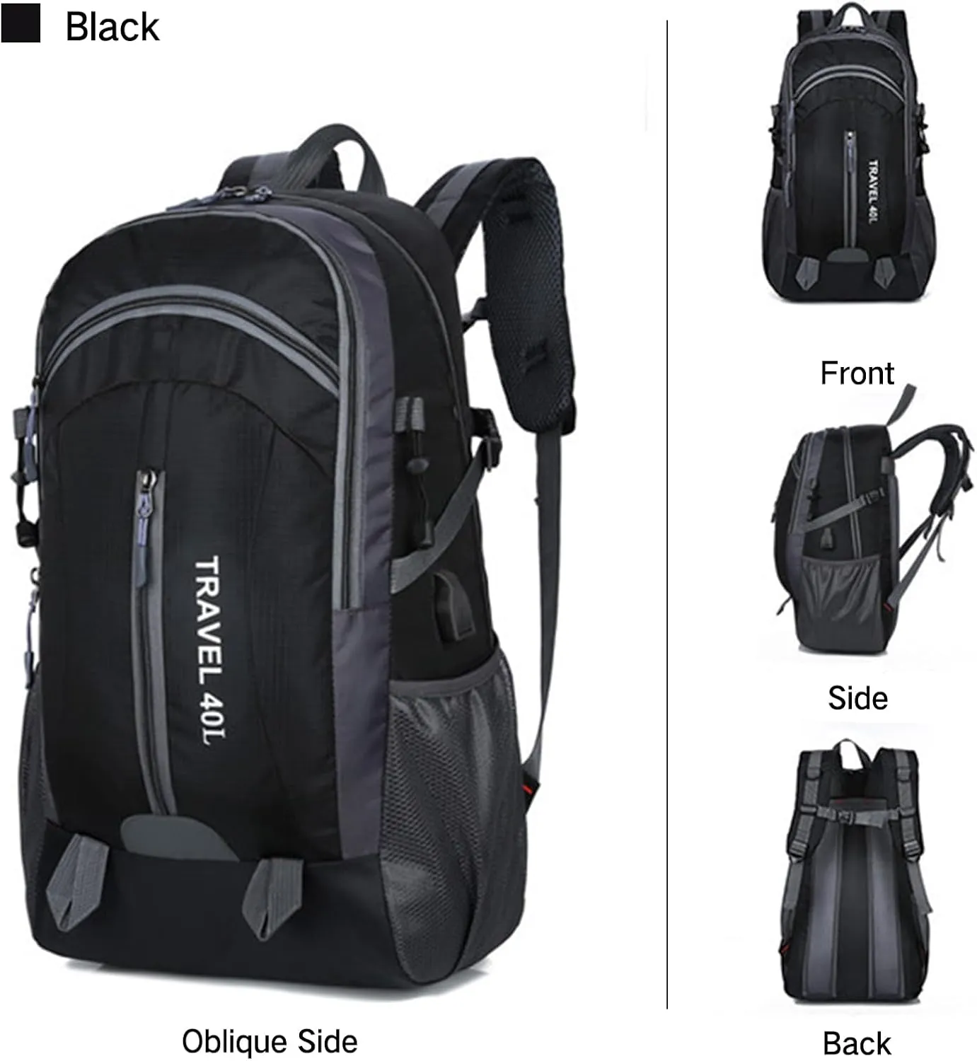 PORRASSO Hiking Backpack Waterproof Rucksack 40L Daypack with USB Charging Port Durable Backpack for Women Men Camping Climbing Travel Outdoor Sports Black