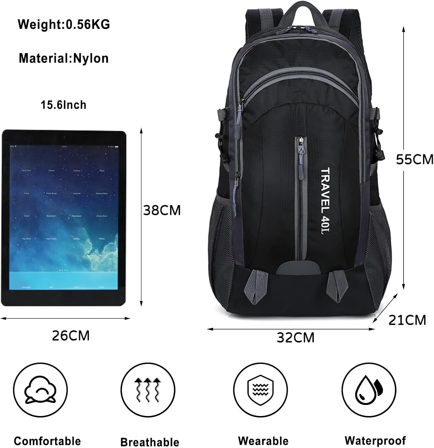 PORRASSO Hiking Backpack Waterproof Rucksack 40L Daypack with USB Charging Port Durable Backpack for Women Men Camping Climbing Travel Outdoor Sports Black
