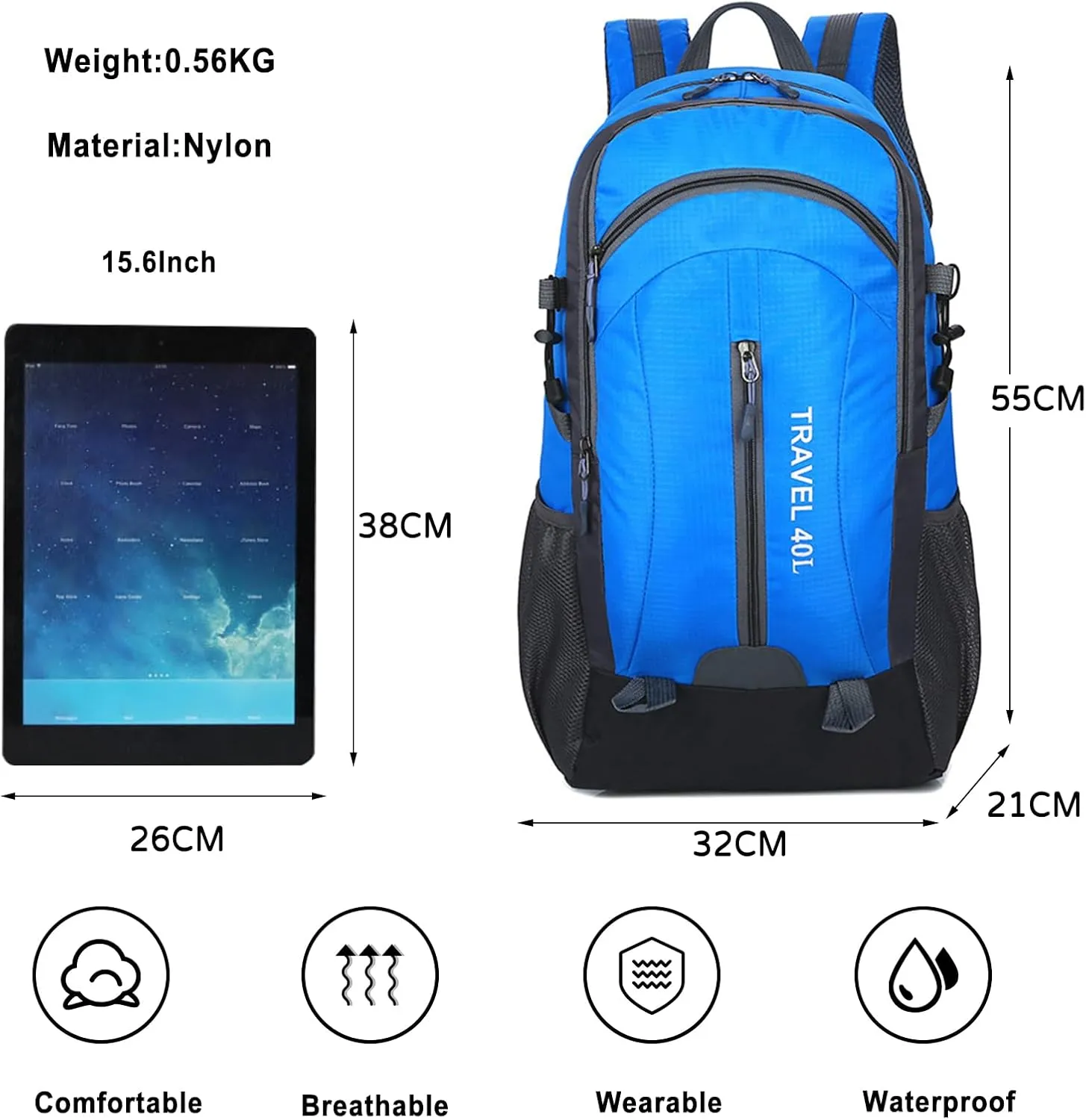 PORRASSO Hiking Backpack Waterproof Rucksack 40L Daypack with USB Charging Port Durable Backpack for Women Men Camping Climbing Travel Outdoor Sports Blue