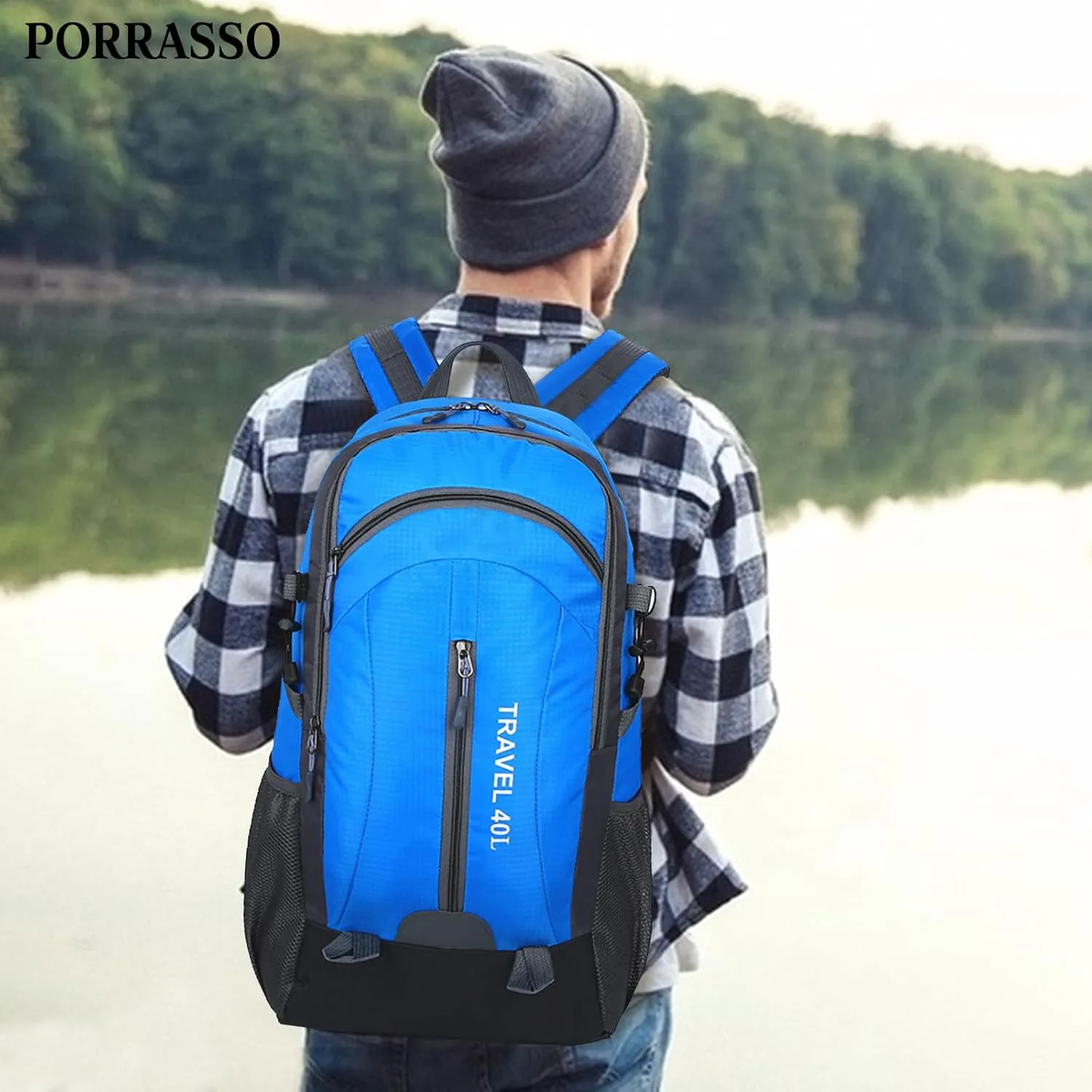 PORRASSO Hiking Backpack Waterproof Rucksack 40L Daypack with USB Charging Port Durable Backpack for Women Men Camping Climbing Travel Outdoor Sports Blue