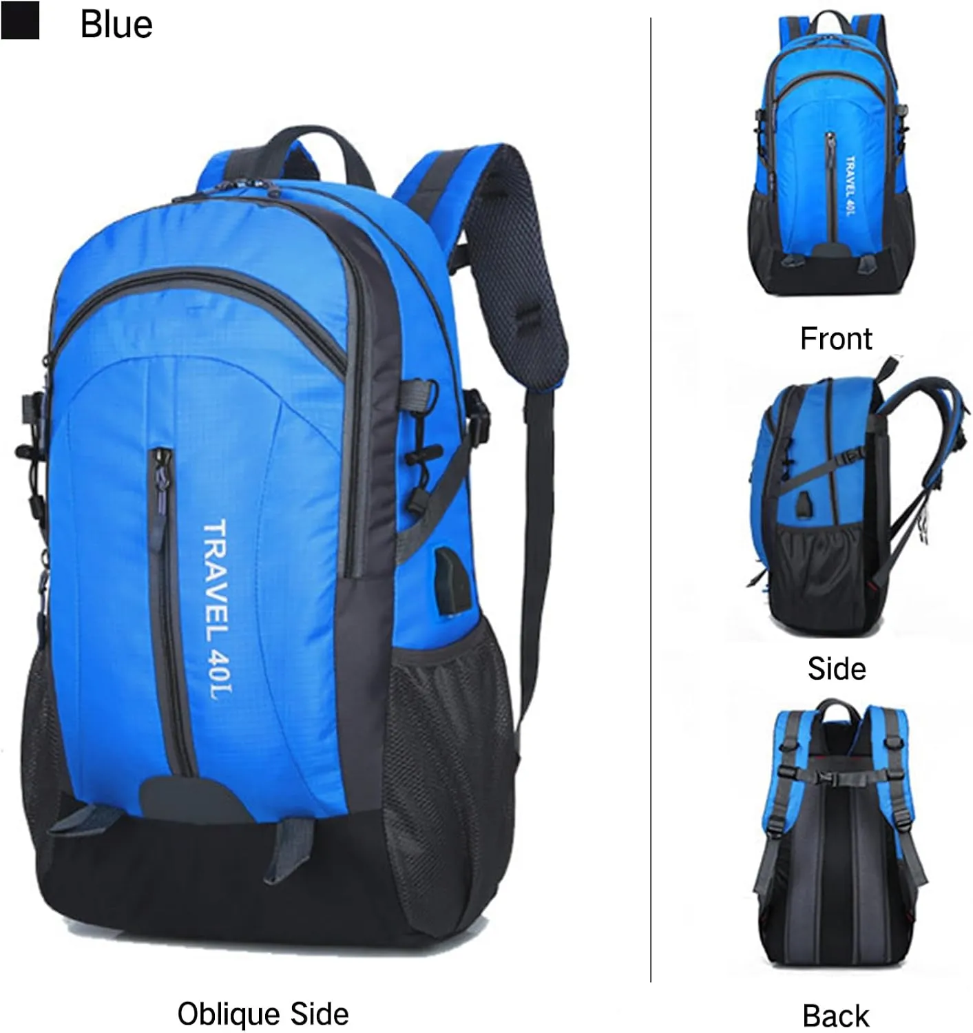 PORRASSO Hiking Backpack Waterproof Rucksack 40L Daypack with USB Charging Port Durable Backpack for Women Men Camping Climbing Travel Outdoor Sports Blue