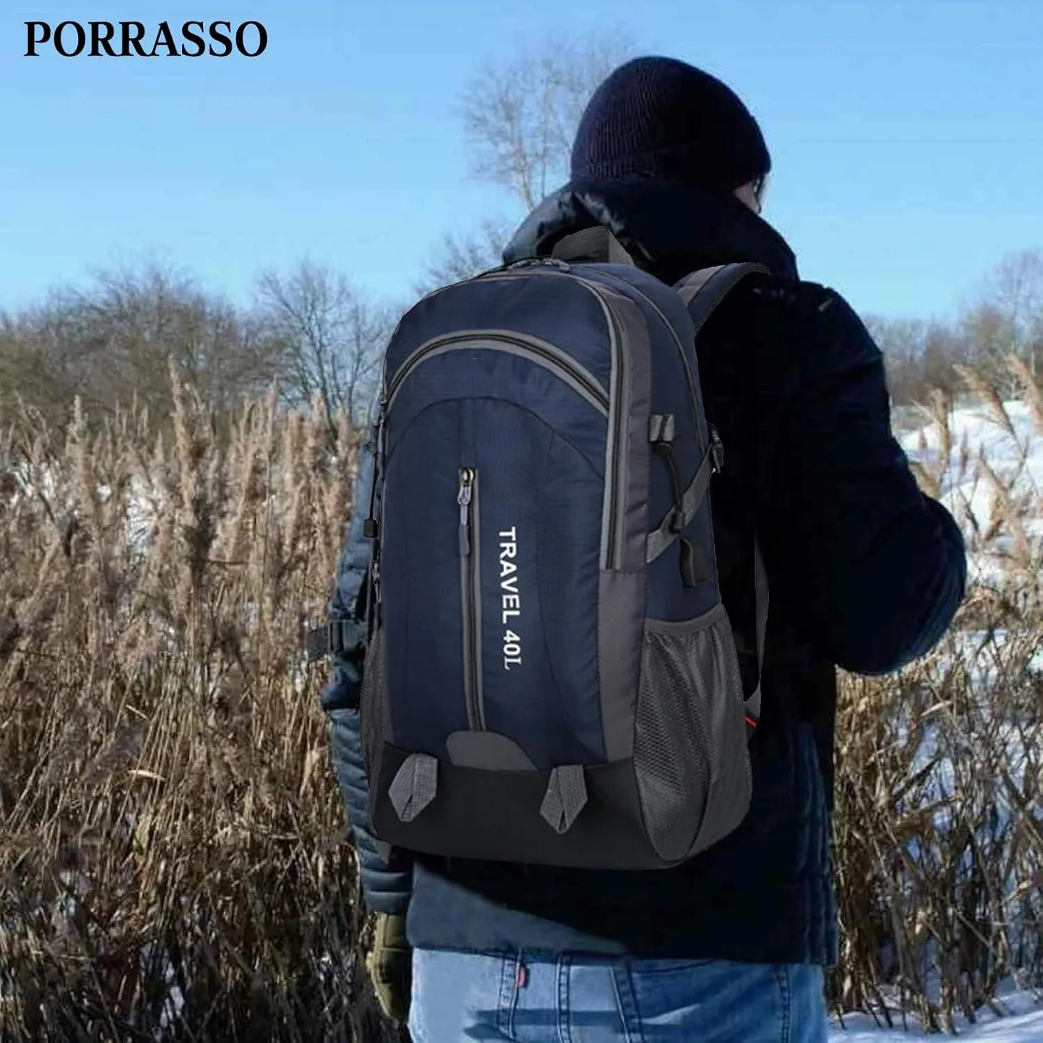 PORRASSO Hiking Backpack Waterproof Rucksack 40L Daypack with USB Charging Port Durable Backpack for Women Men Camping Climbing Travel Outdoor Sports Dark Blue