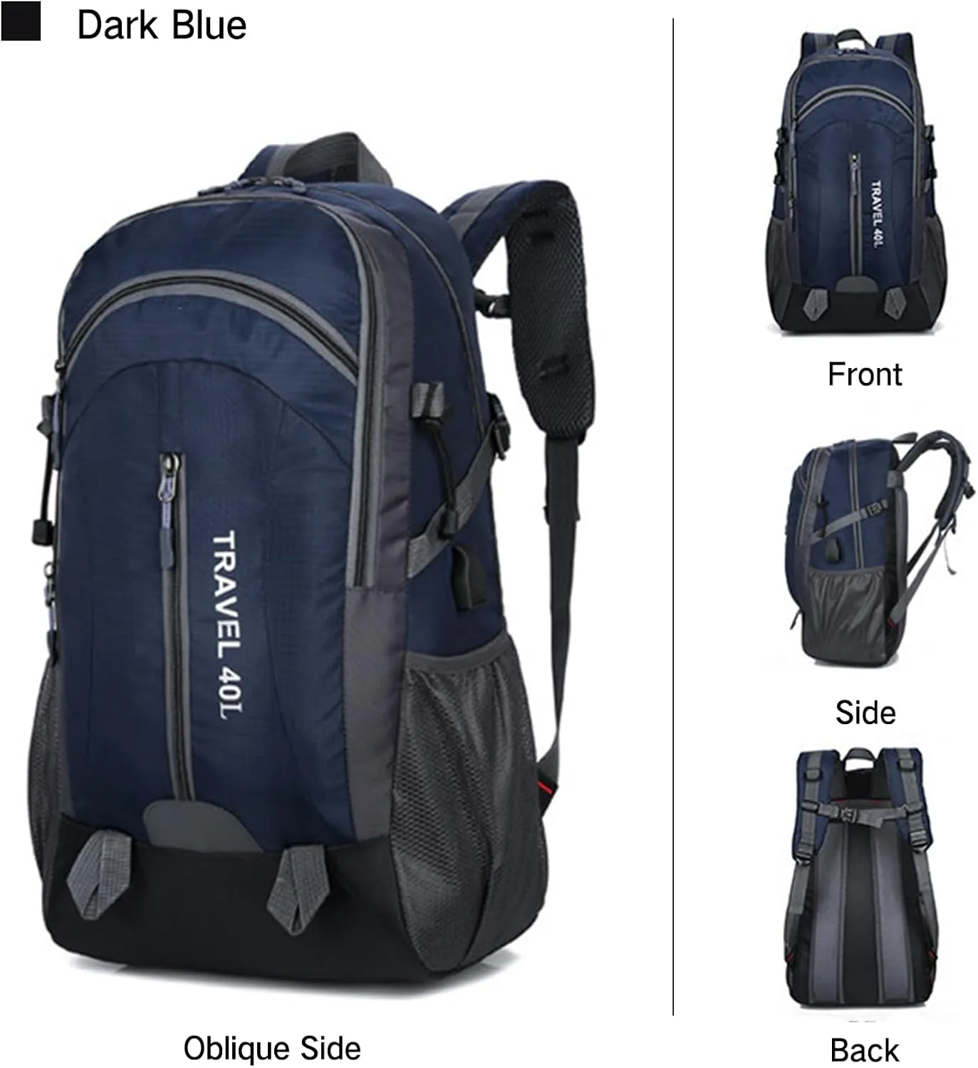 PORRASSO Hiking Backpack Waterproof Rucksack 40L Daypack with USB Charging Port Durable Backpack for Women Men Camping Climbing Travel Outdoor Sports Dark Blue