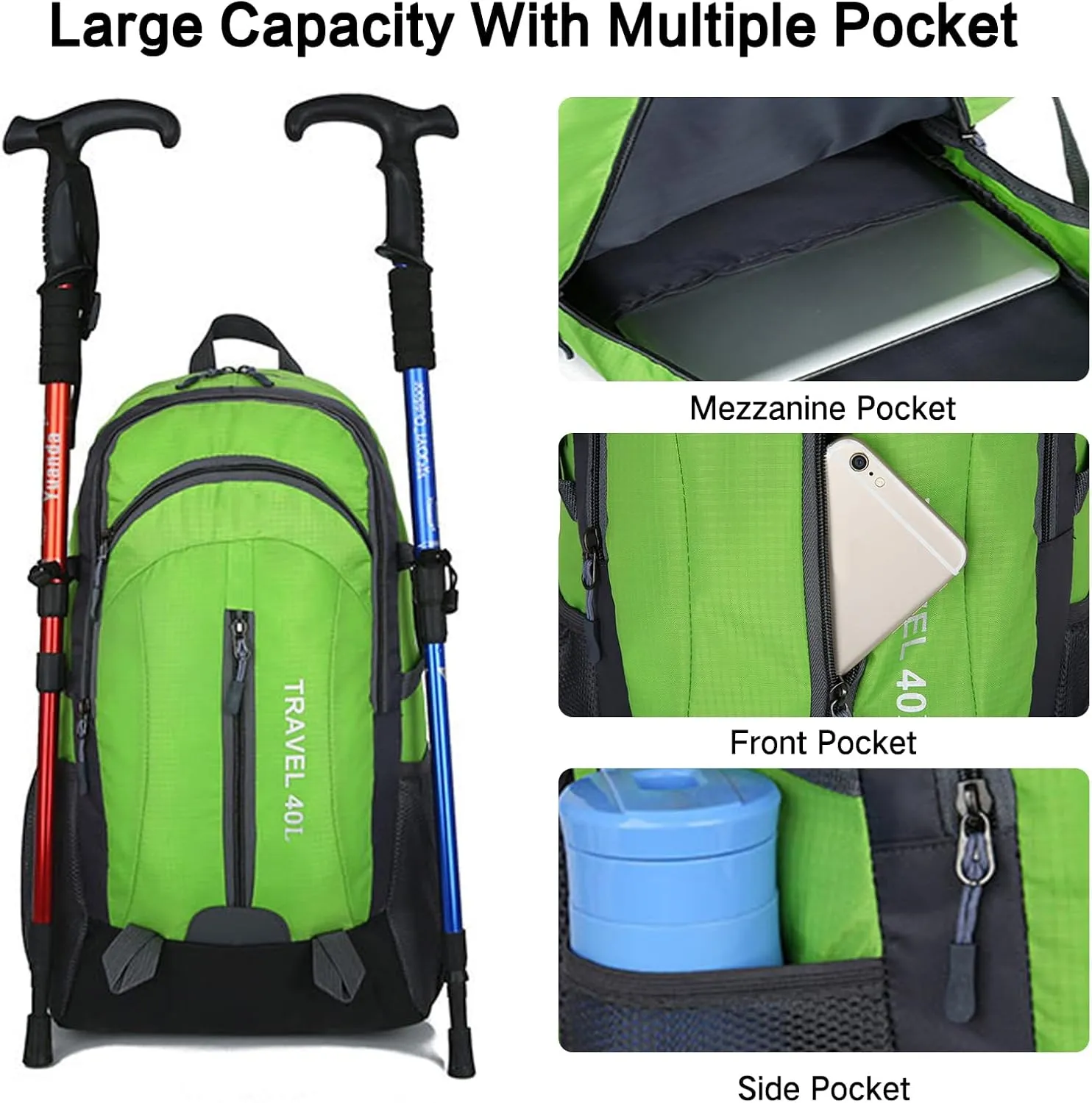 PORRASSO Hiking Backpack Waterproof Rucksack 40L Daypack with USB Charging Port Durable Backpack for Women Men Camping Climbing Travel Outdoor Sports Dark Blue