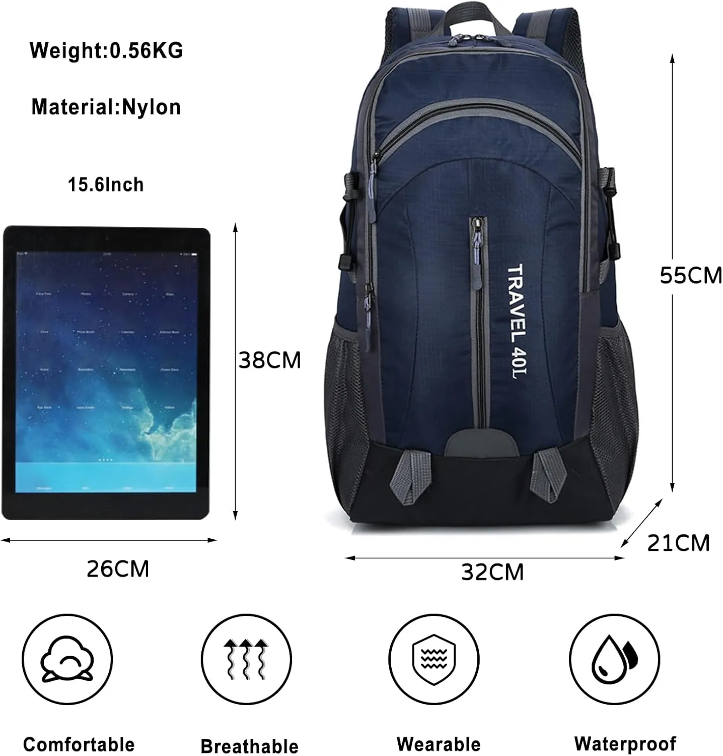 PORRASSO Hiking Backpack Waterproof Rucksack 40L Daypack with USB Charging Port Durable Backpack for Women Men Camping Climbing Travel Outdoor Sports Dark Blue