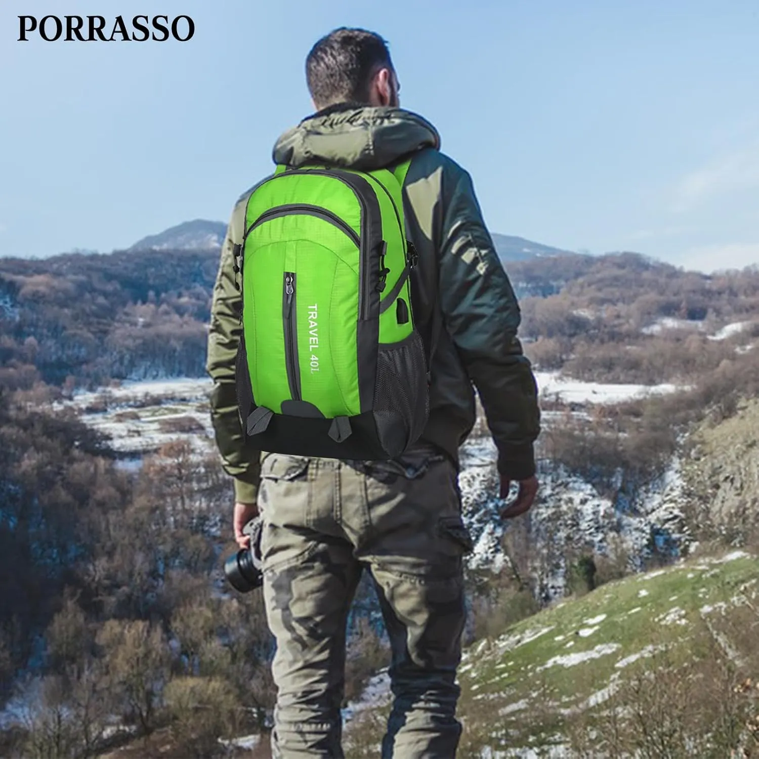 PORRASSO Hiking Backpack Waterproof Rucksack 40L Daypack with USB Charging Port Durable Backpack for Women Men Camping Climbing Travel Outdoor Sports Green