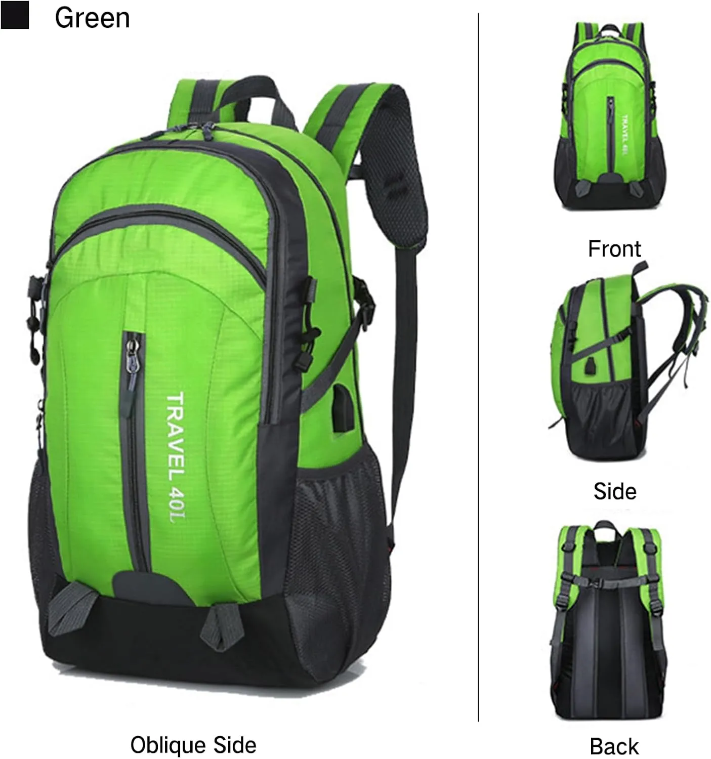 PORRASSO Hiking Backpack Waterproof Rucksack 40L Daypack with USB Charging Port Durable Backpack for Women Men Camping Climbing Travel Outdoor Sports Green