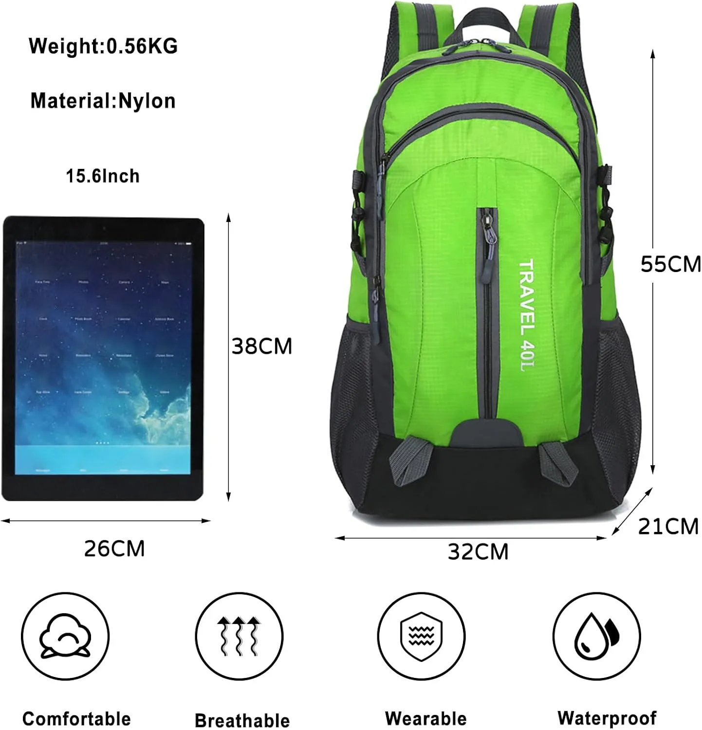 PORRASSO Hiking Backpack Waterproof Rucksack 40L Daypack with USB Charging Port Durable Backpack for Women Men Camping Climbing Travel Outdoor Sports Green