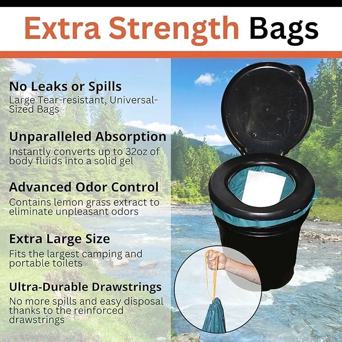 Portable Toilet Waste Bags Extra Strength with Super Absorbent Pad (12 Count) - With Advanced Odor Control System - Extra Large - Fits All Buckets and Camping Toilets (Extra Strength, 12)