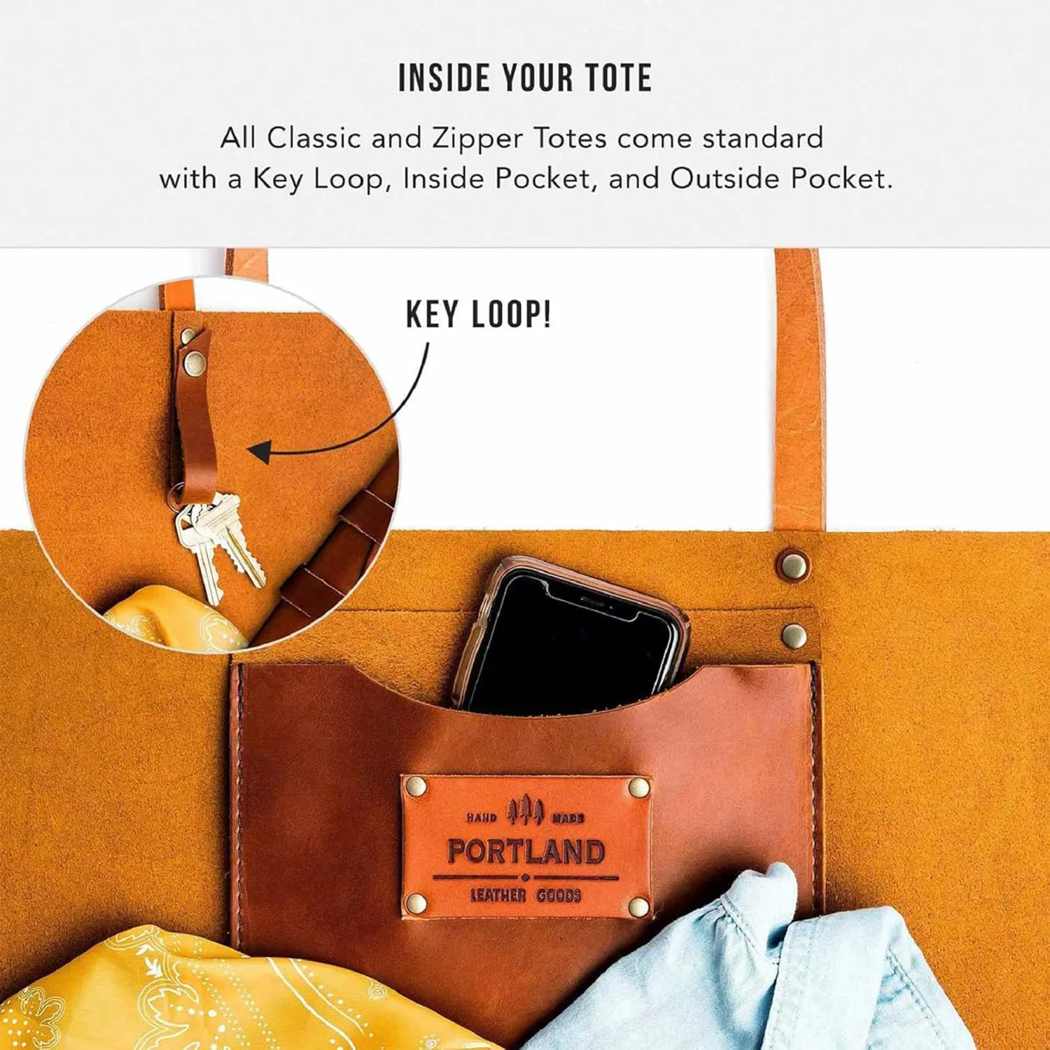 Portland Leather Goods Medium Zipper Tote Bag – Handmade, Durable & Unlined – Interior & Exterior Pockets