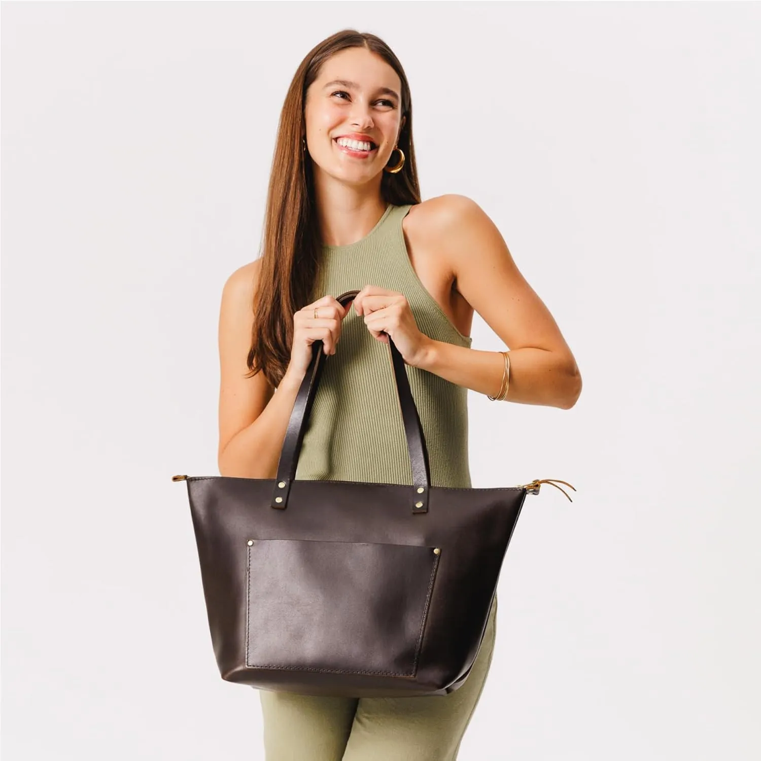 Portland Leather Goods Medium Zipper Tote Bag – Handmade, Durable & Unlined – Interior & Exterior Pockets