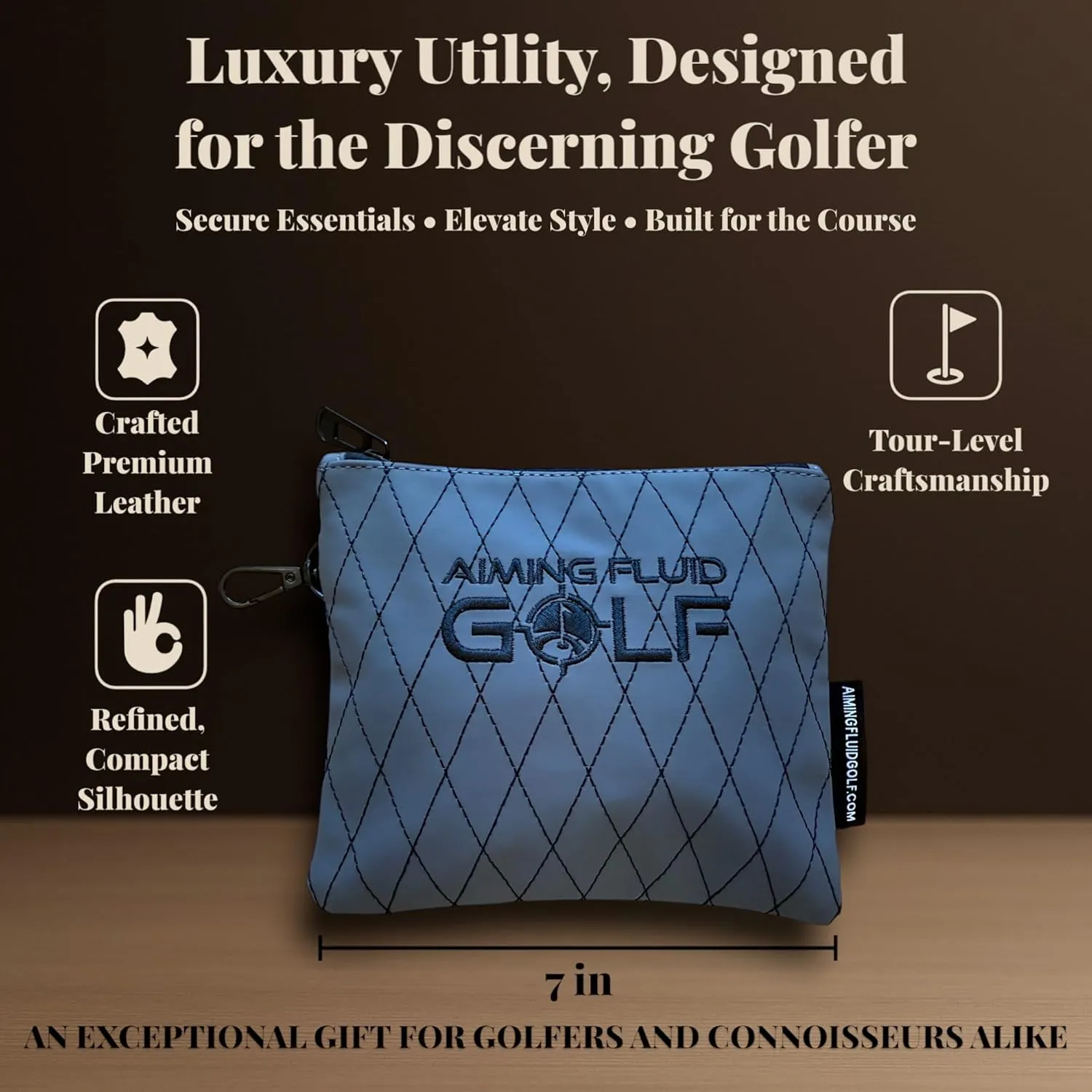 Premium Leather Golf/Travel Valuables Pouch – Luxury Zippered Utility Bag I Diamond Stitching I 360° Swivel Clip I Soft Interior for Golf Accessories & Travel Essentials (Grey)