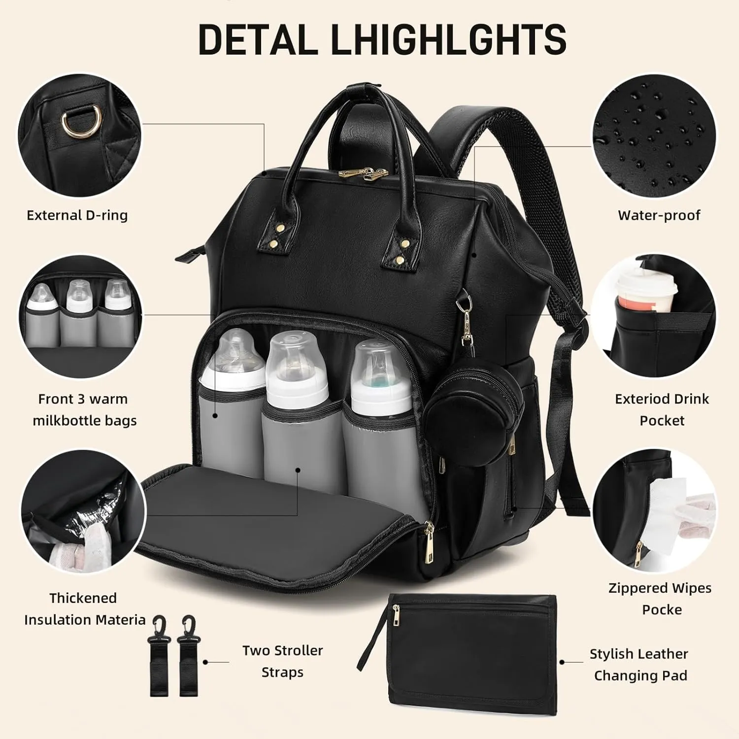 Premium Vegan Leather Diaper Bag Backpack with Waterproof Changing Pad – Reinforced Stitching & Zippers, Baby Bag for Boy Girl, Stroller Straps, Ergonomic Design for Traveling Moms, Black