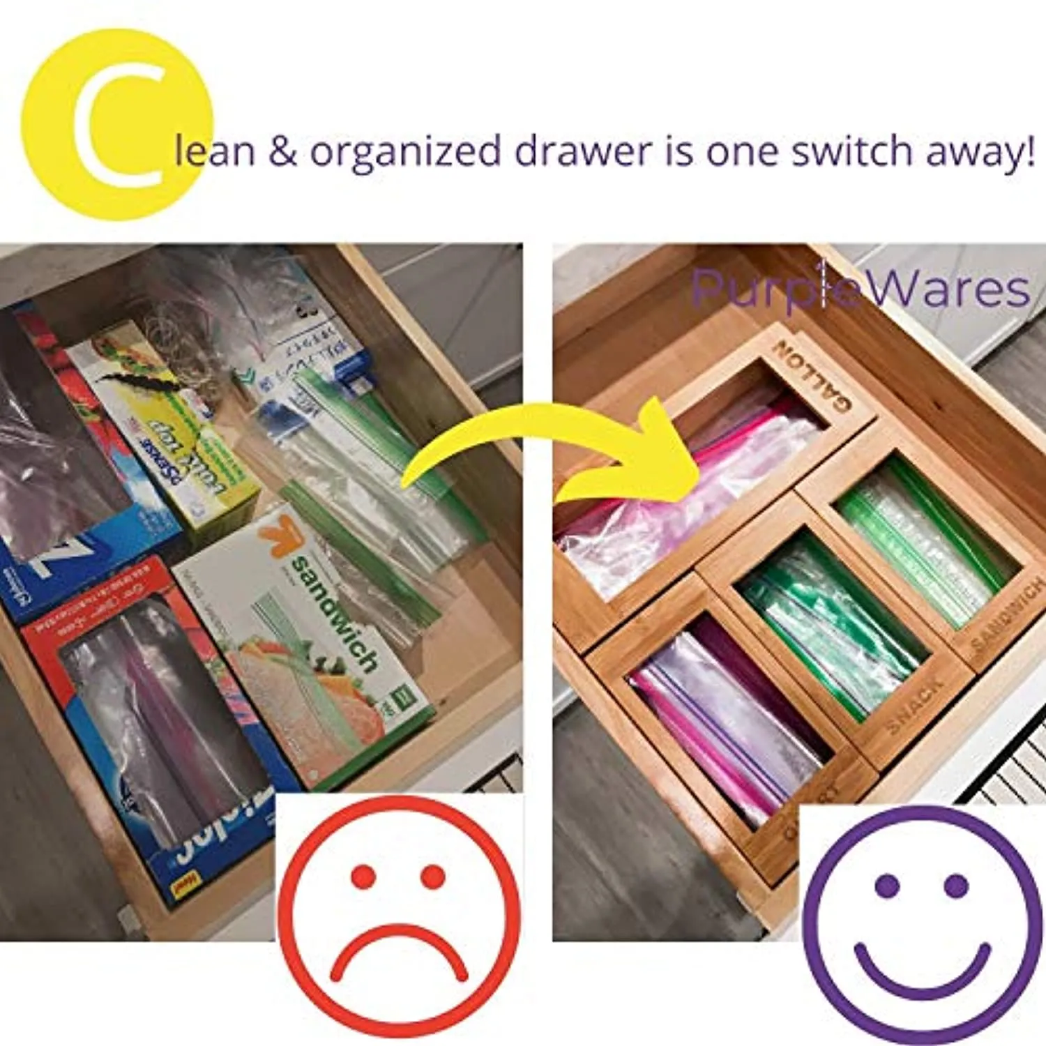 PurpleWares Food Storage Bag Holders – Premium Moso Bamboo Kitchen Drawer Organizer Dispenser Compatible with Ziploc, Solimo, Glad, Hefty for Gallon, Quart, Sandwich & Snack Variety Size Ziplock Bags (4 Piece Set)