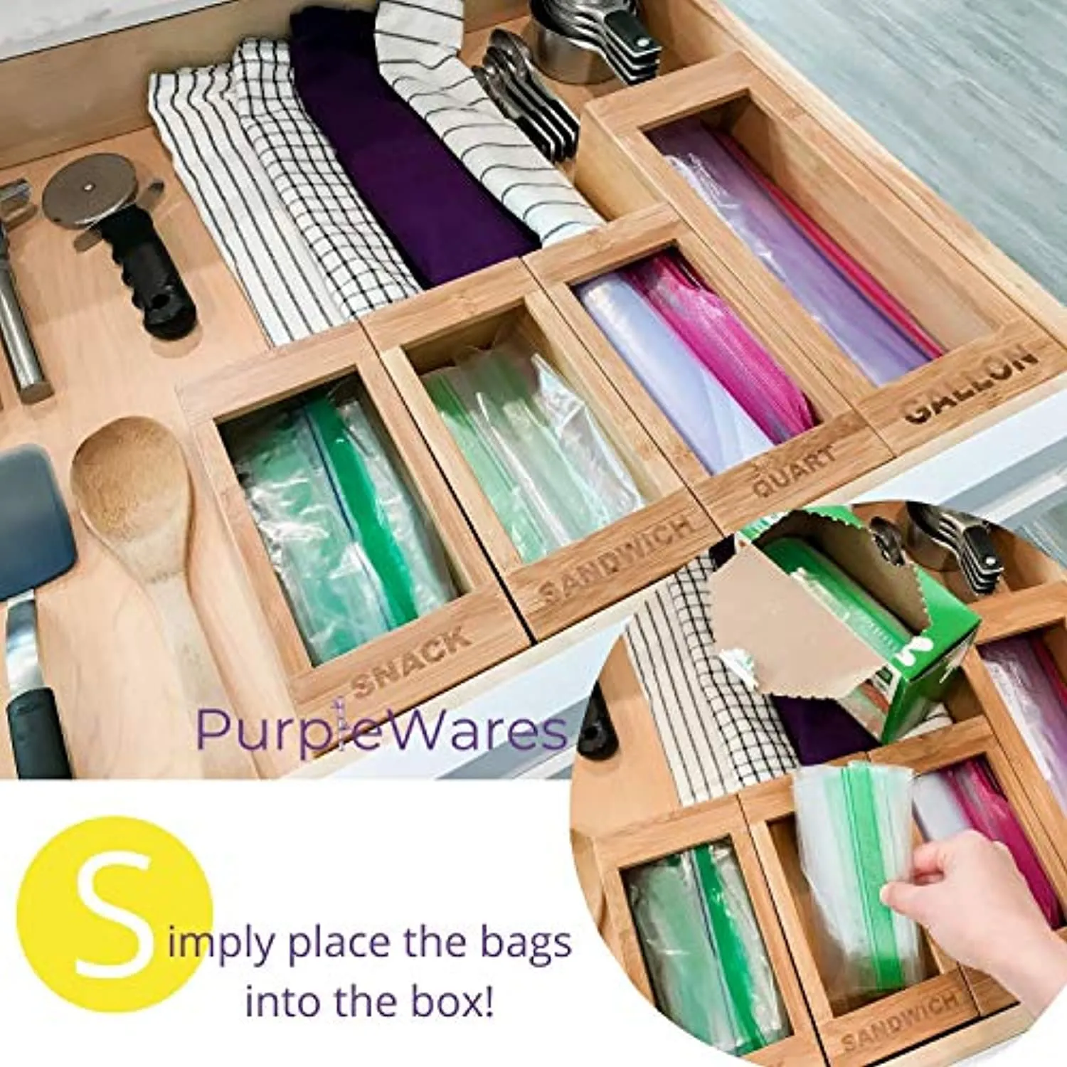 PurpleWares Food Storage Bag Holders – Premium Moso Bamboo Kitchen Drawer Organizer Dispenser Compatible with Ziploc, Solimo, Glad, Hefty for Gallon, Quart, Sandwich & Snack Variety Size Ziplock Bags (4 Piece Set)