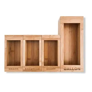PurpleWares Food Storage Bag Holders – Premium Moso Bamboo Kitchen Drawer Organizer Dispenser Compatible with Ziploc, Solimo, Glad, Hefty for Gallon, Quart, Sandwich & Snack Variety Size Ziplock Bags (4 Piece Set)