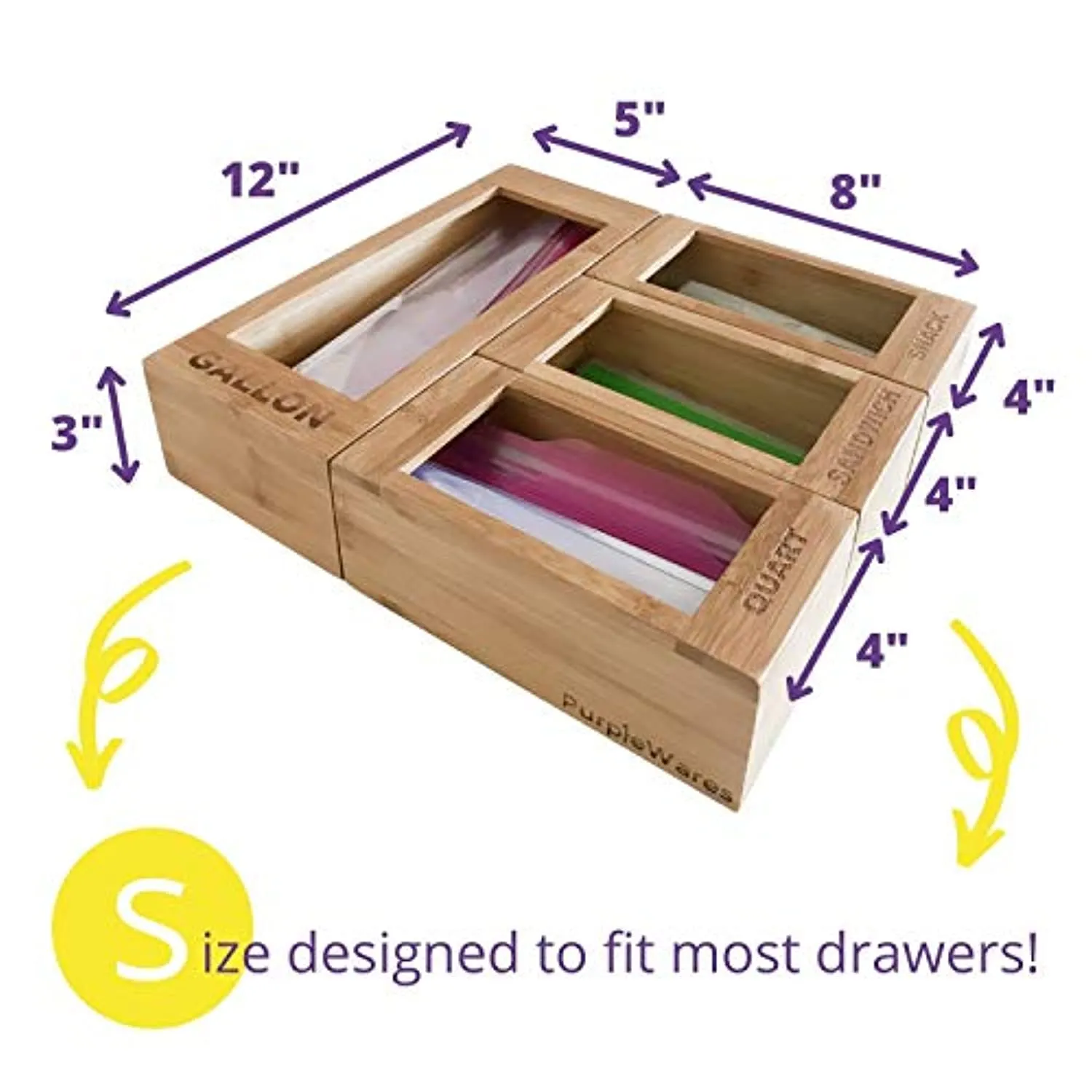 PurpleWares Food Storage Bag Holders – Premium Moso Bamboo Kitchen Drawer Organizer Dispenser Compatible with Ziploc, Solimo, Glad, Hefty for Gallon, Quart, Sandwich & Snack Variety Size Ziplock Bags (4 Piece Set)