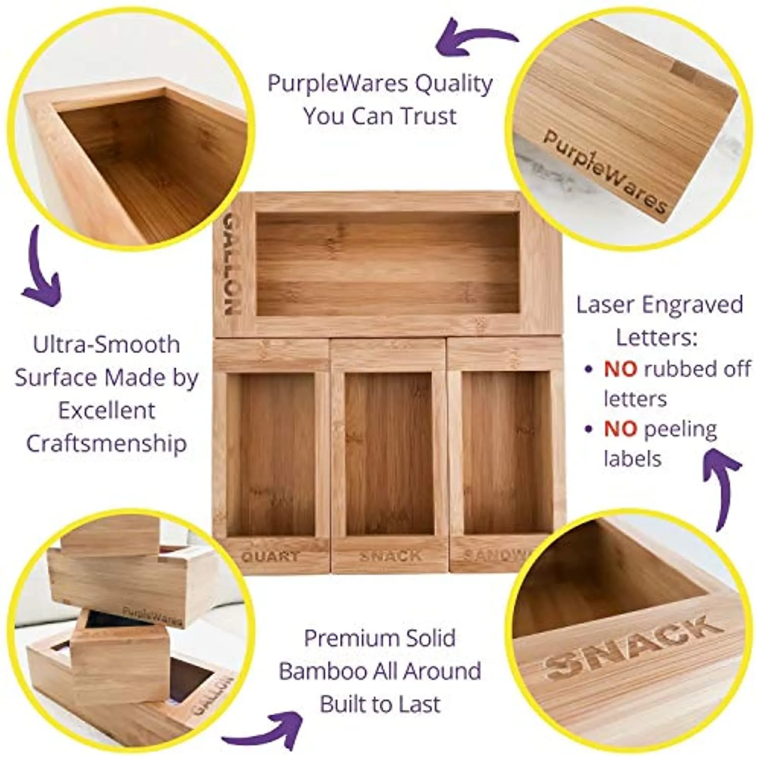 PurpleWares Food Storage Bag Holders – Premium Moso Bamboo Kitchen Drawer Organizer Dispenser Compatible with Ziploc, Solimo, Glad, Hefty for Gallon, Quart, Sandwich & Snack Variety Size Ziplock Bags (4 Piece Set)