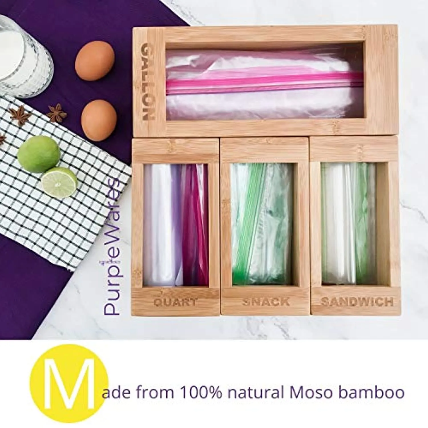 PurpleWares Food Storage Bag Holders – Premium Moso Bamboo Kitchen Drawer Organizer Dispenser Compatible with Ziploc, Solimo, Glad, Hefty for Gallon, Quart, Sandwich & Snack Variety Size Ziplock Bags (4 Piece Set)