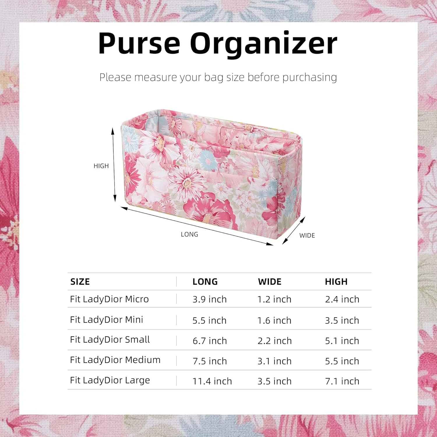 Purse Organizer Insert for LadyDior Bags, Soft Handbag Tote Organizer Liner, Women Luxury Handbag Tote Inner Bag(Small, Blooming)