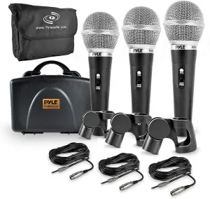 Pyle 3 Piece Professional Dynamic Microphone Kit Cardioid Unidirectional Vocal Handheld MIC with Hard Carry Case & Bag, Holder/Clip & 26ft XLR Audio Cable to 1/4'' Audio Connection (PDMICKT34),Black