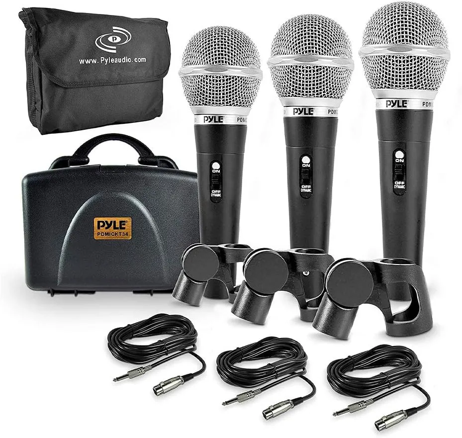 Pyle 3 Piece Professional Dynamic Microphone Kit Cardioid Unidirectional Vocal Handheld MIC with Hard Carry Case & Bag, Holder/Clip & 26ft XLR Audio Cable to 1/4'' Audio Connection (PDMICKT34),Black