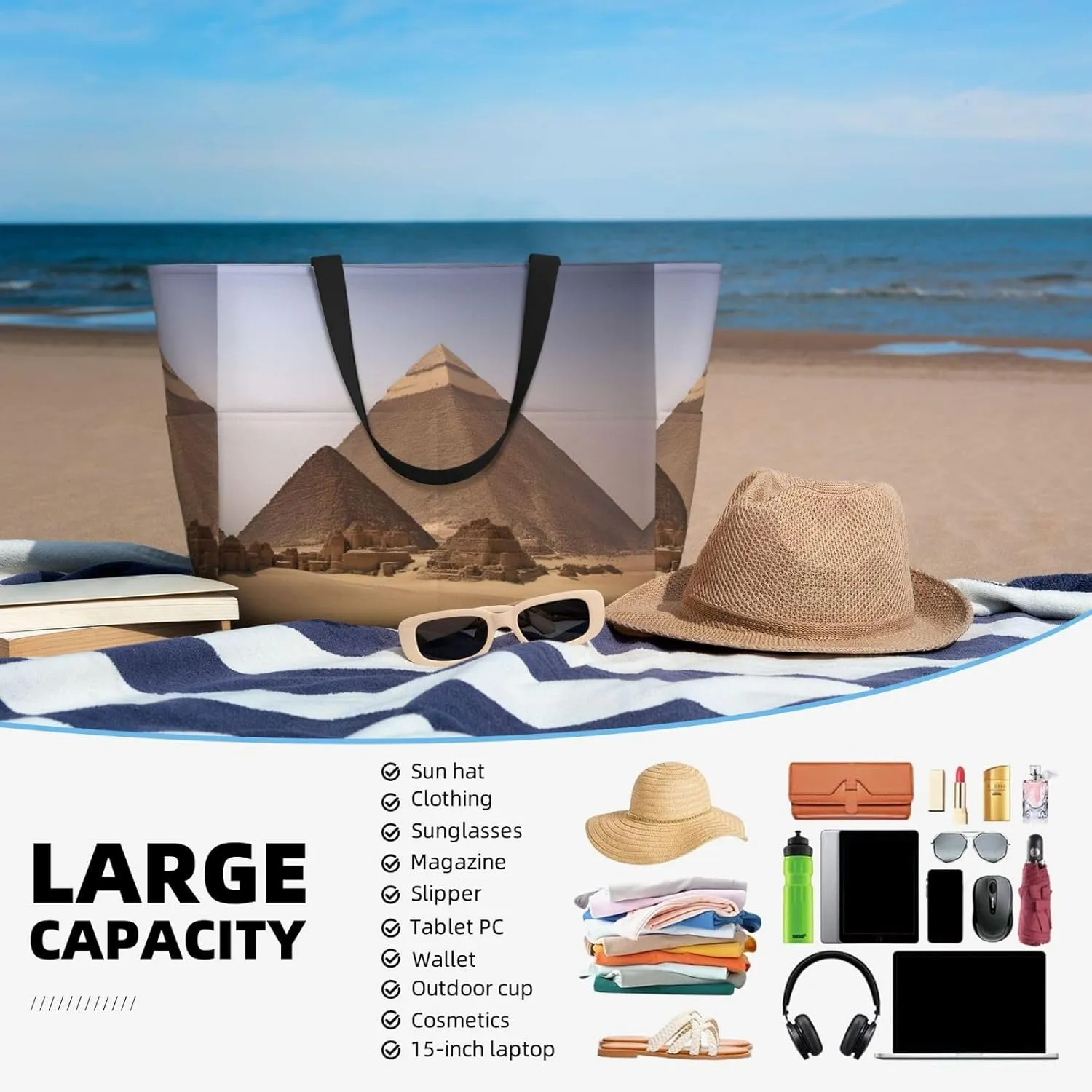 Pyramids Of Egypt Beach Tote Bags For Women Travel Totes Bag Handbag With Zipper And Pockets For Travel Vacation