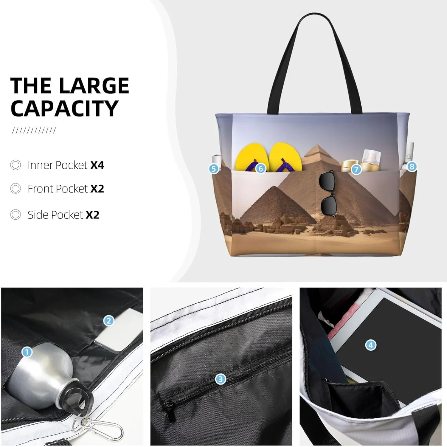 Pyramids Of Egypt Beach Tote Bags For Women Travel Totes Bag Handbag With Zipper And Pockets For Travel Vacation