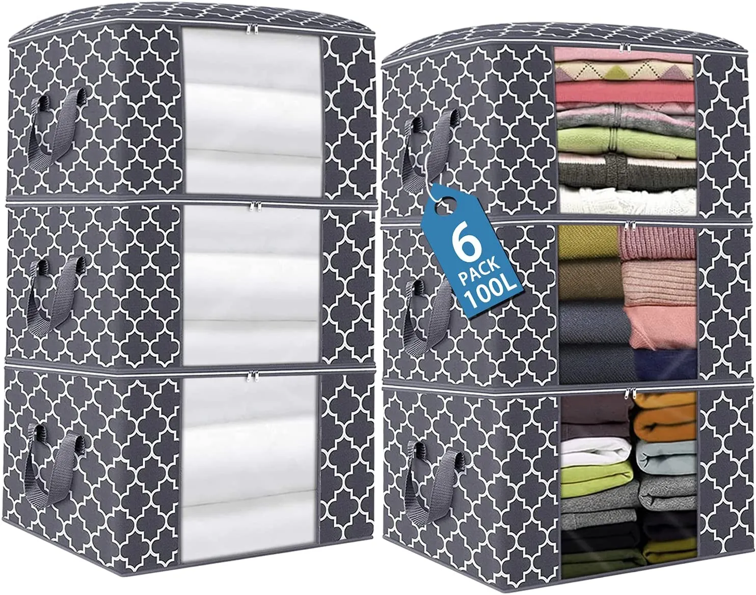 QYQBOON Large Clothes Storage Bags 100L Storage Bins Organizer Clothing Thicken Storage Containers for Comforter Blanket Bedding, Foldable with Reinforced Handle, Clear Window, Sturdy Zippers, 3 Pack