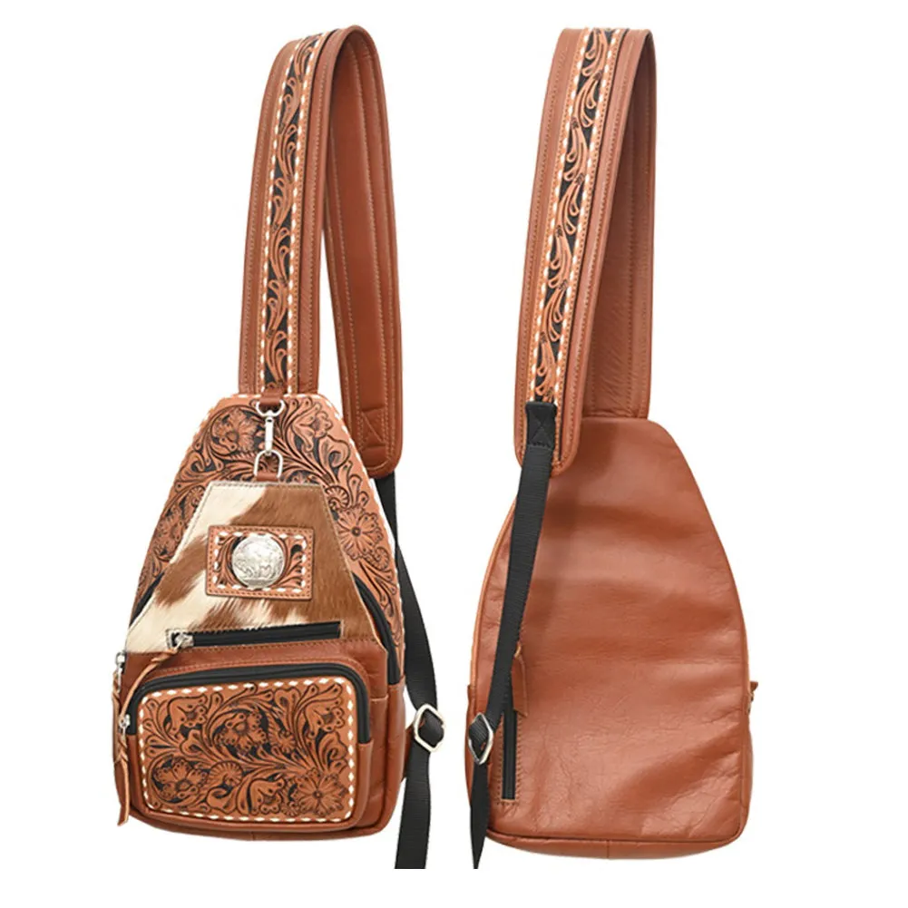 Rafter T Ranch Co Brown Floral Tooled Sling Bag with Hair on Hide Detail