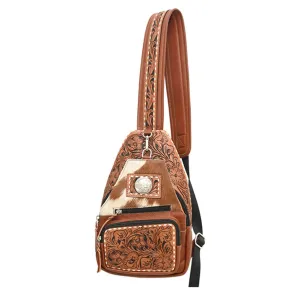 Rafter T Ranch Co Brown Floral Tooled Sling Bag with Hair on Hide Detail