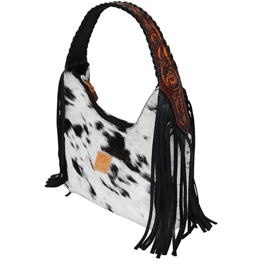Rafter T Ranch Co. Large Hobo Bag with Black Cowhide and Tooled Strap