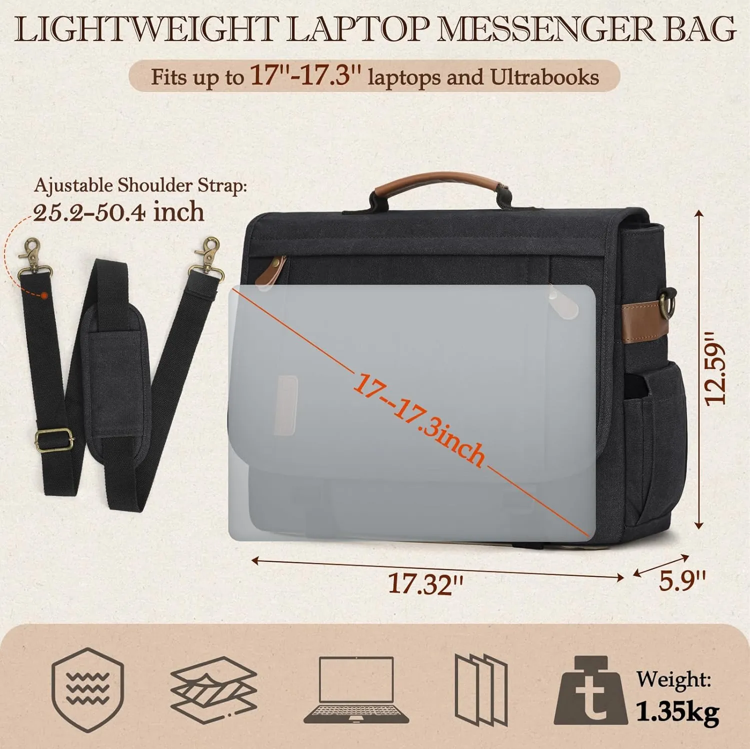 RAINSMORE Messenger Bag for Men 17-17.3 Inch Laptop Bag Water-resistant Canvas Computer Shoulder Bag Office Work Briefcase Large Casual Satchel Bags for Men Bookbag for College, Black