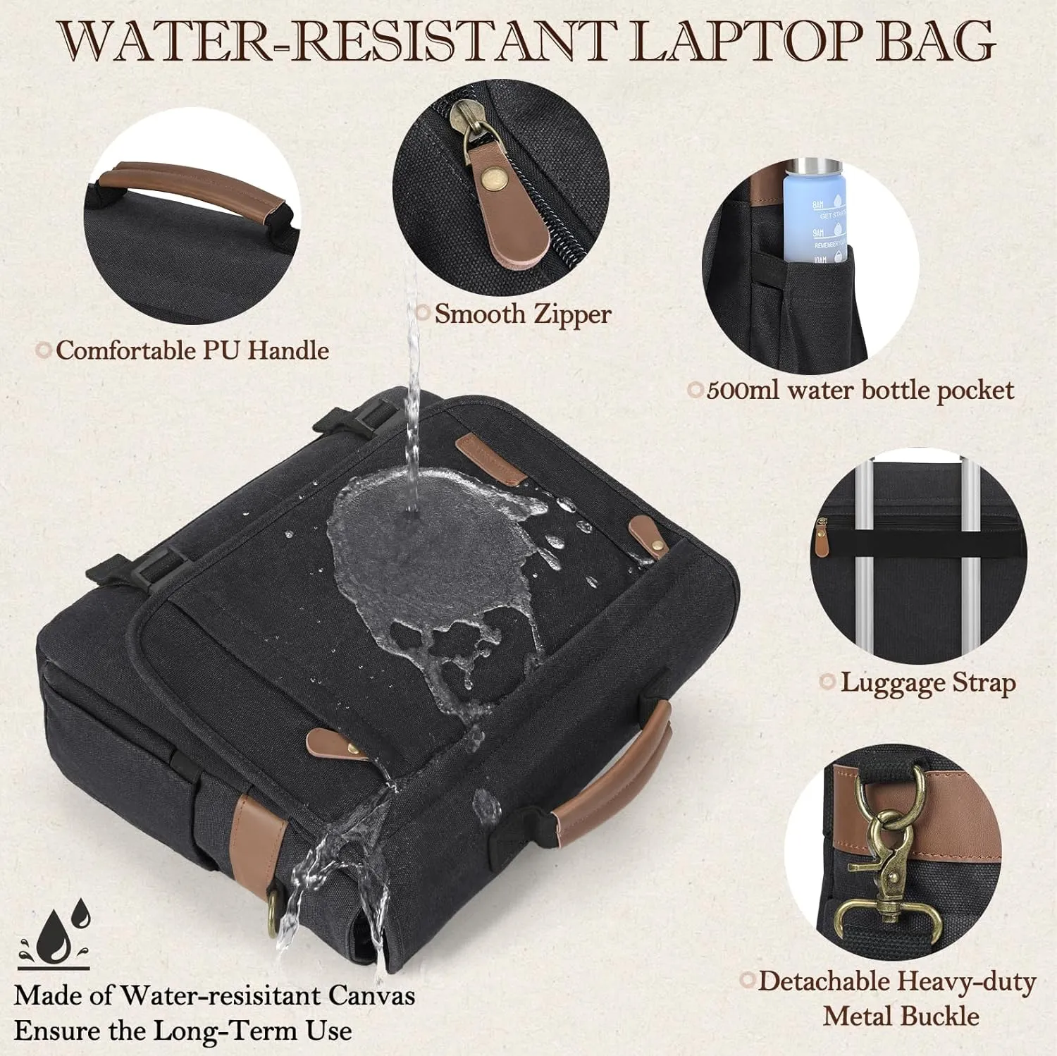 RAINSMORE Messenger Bag for Men 17-17.3 Inch Laptop Bag Water-resistant Canvas Computer Shoulder Bag Office Work Briefcase Large Casual Satchel Bags for Men Bookbag for College, Black
