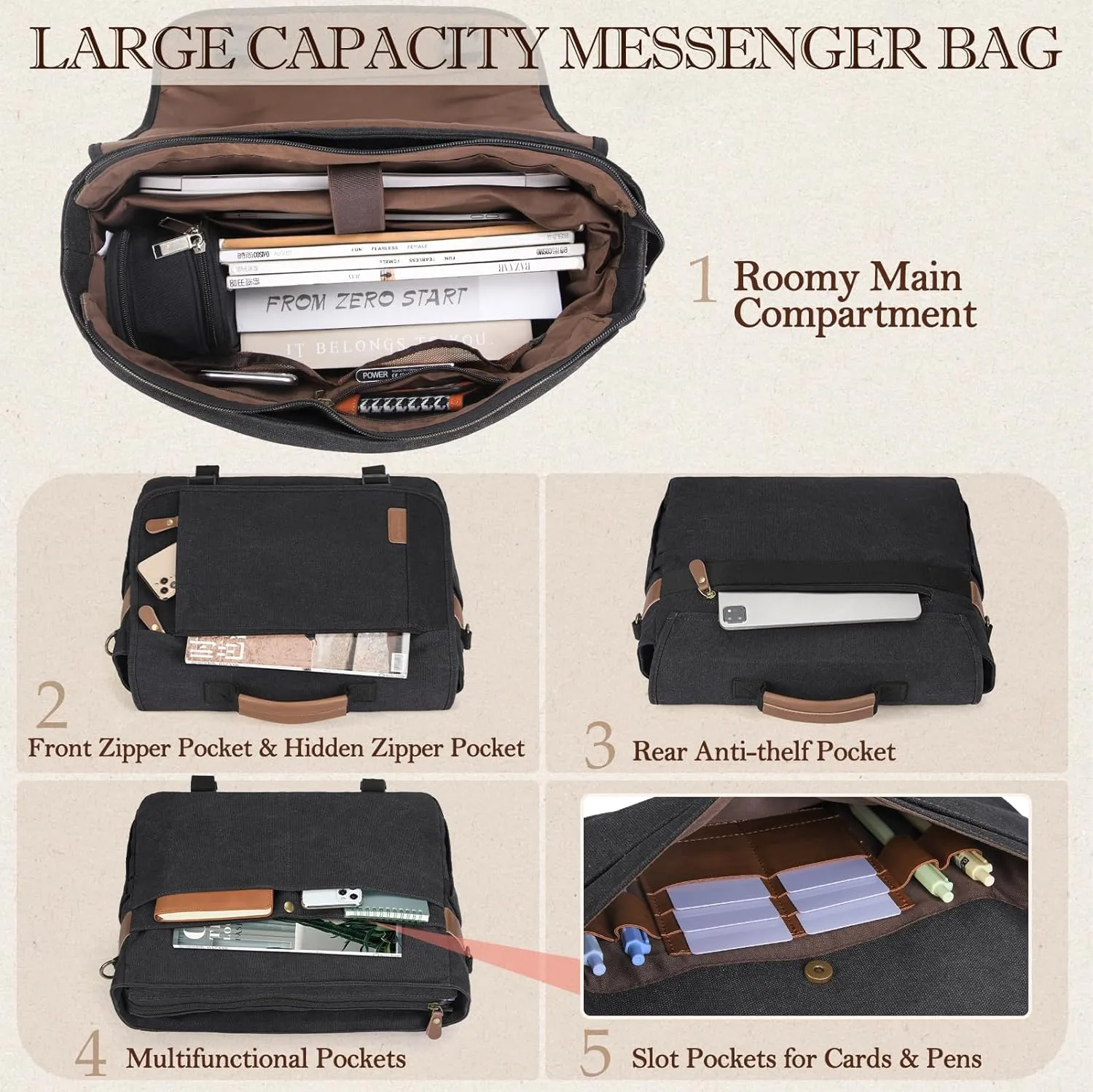 RAINSMORE Messenger Bag for Men 17-17.3 Inch Laptop Bag Water-resistant Canvas Computer Shoulder Bag Office Work Briefcase Large Casual Satchel Bags for Men Bookbag for College, Black