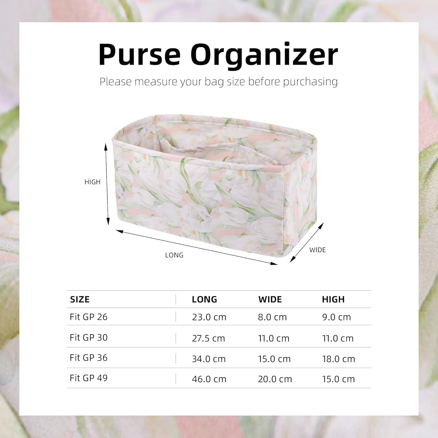Rayon Purse Organizer Insert, unique pattern Bag organizer, bag in bag for luxury bags, fit Garden Party 26/30/36/49 bags (GP26, French Tulips)