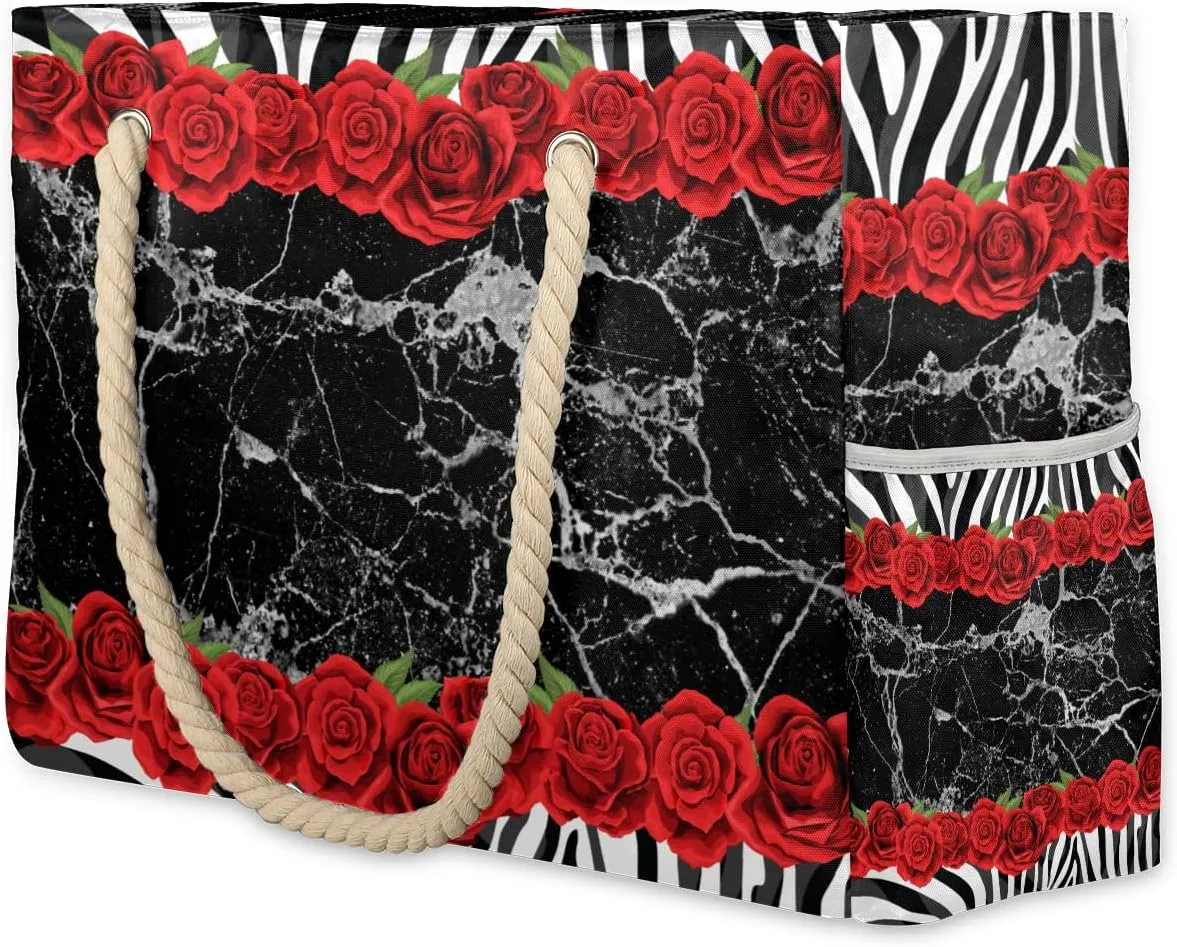 Red Black Large Beach Tote Bag Women Waterproof Sandproof Zipper Marble Rose Print Beach Bag for Pool Gym Grocery Travel with Wet Pocket