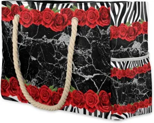 Red Black Large Beach Tote Bag Women Waterproof Sandproof Zipper Marble Rose Print Beach Bag for Pool Gym Grocery Travel with Wet Pocket