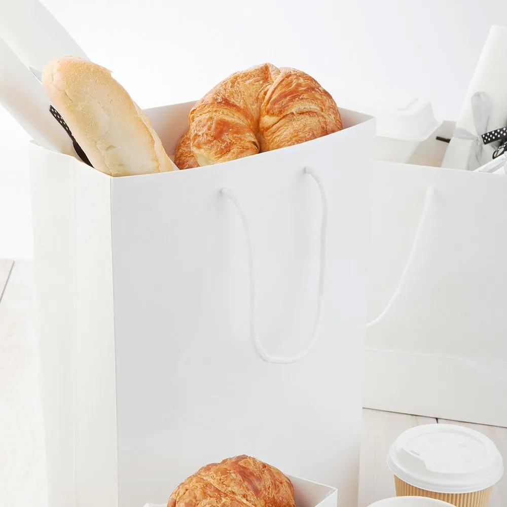 Restaurantware 9.5 Inch x 4 Inch Paper Shopping Bags 10 Glossy Finish Paper Party Bags - Rope Handles Cardboard Base White Paper Gift Bags Reusable For Parties and Shopping