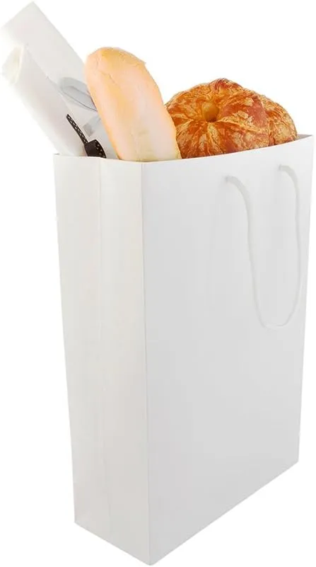 Restaurantware 9.5 Inch x 4 Inch Paper Shopping Bags 10 Glossy Finish Paper Party Bags - Rope Handles Cardboard Base White Paper Gift Bags Reusable For Parties and Shopping