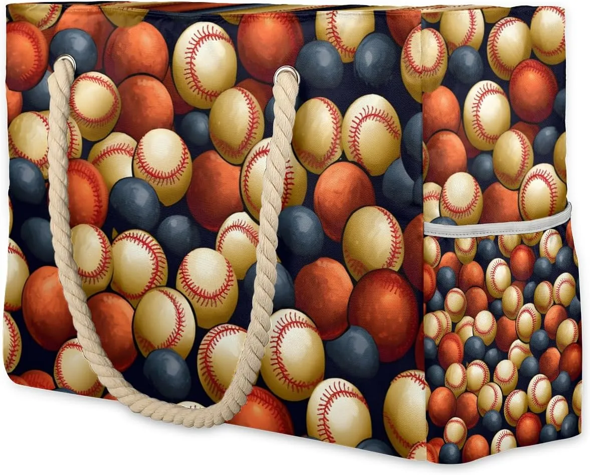Retro Baseball Large Beach Tote Bag Women Waterproof Sandproof Zipper Baseball Beach Bag for Pool Gym Grocery Travel with Wet Pocket