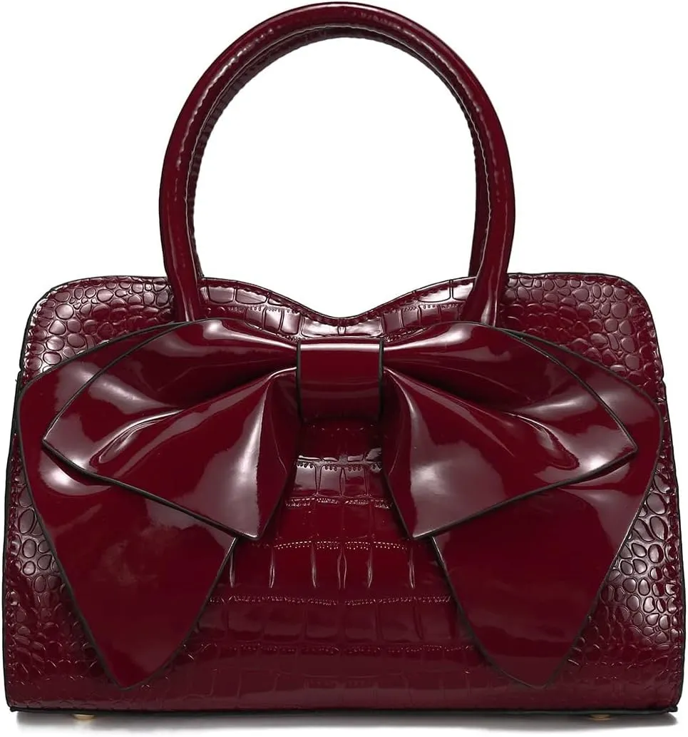 Retro Patent Leather Purse with Bow, 1950s Vintage Satchel Handbag and Clutch for Women Shoulder Tote Bags