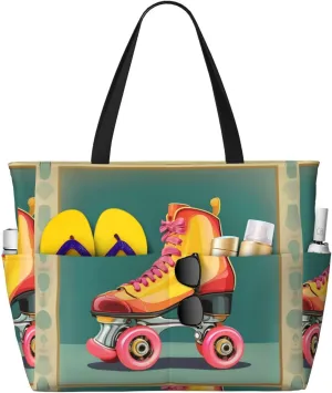 Retro Roller Skates Beach Tote Bags For Women Travel Totes Bag Handbag With Zipper And Pockets For Travel Vacation